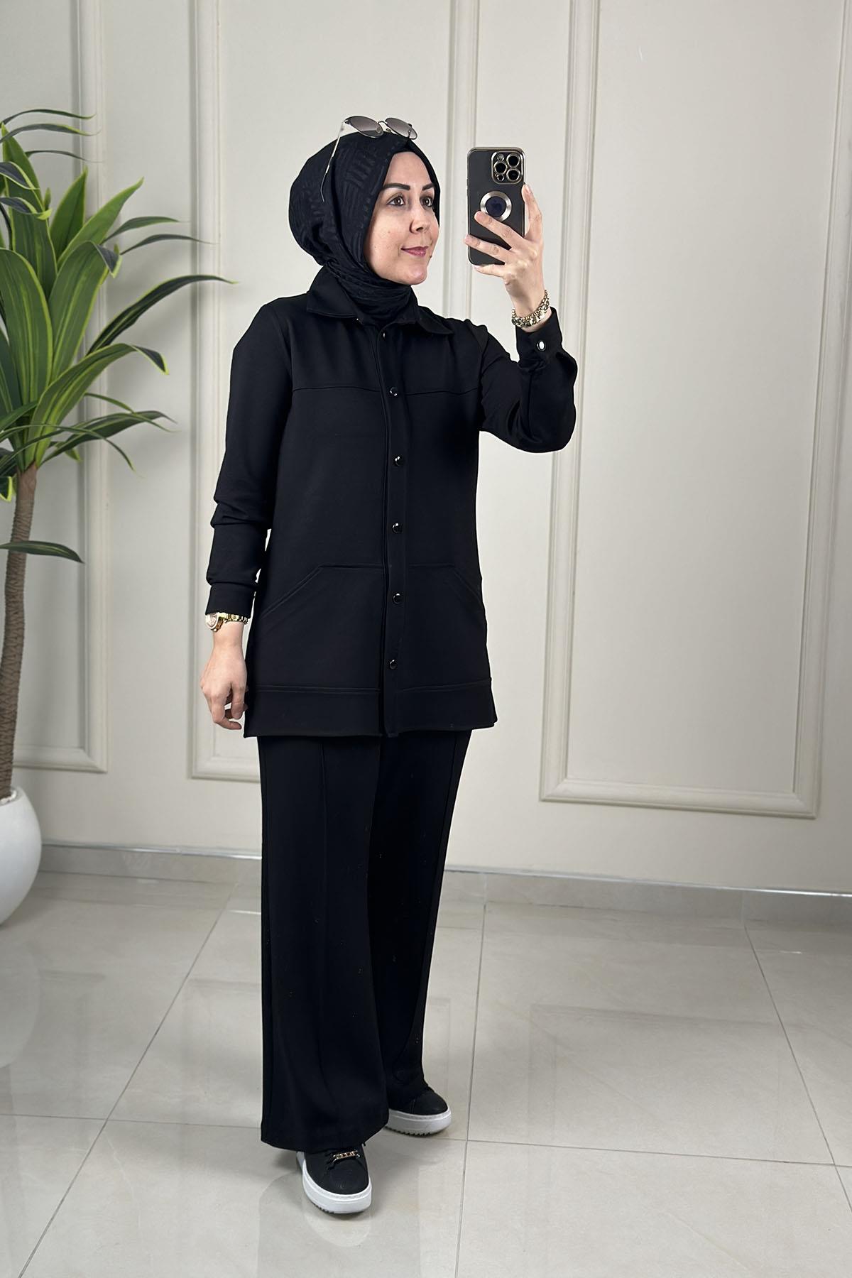 Tesettür Pantolonlu TakımModal Sırt Yaprak Nakış Detaylı Tunik ve Pantolon Kadın İkili Takım Siyah HYA 1622