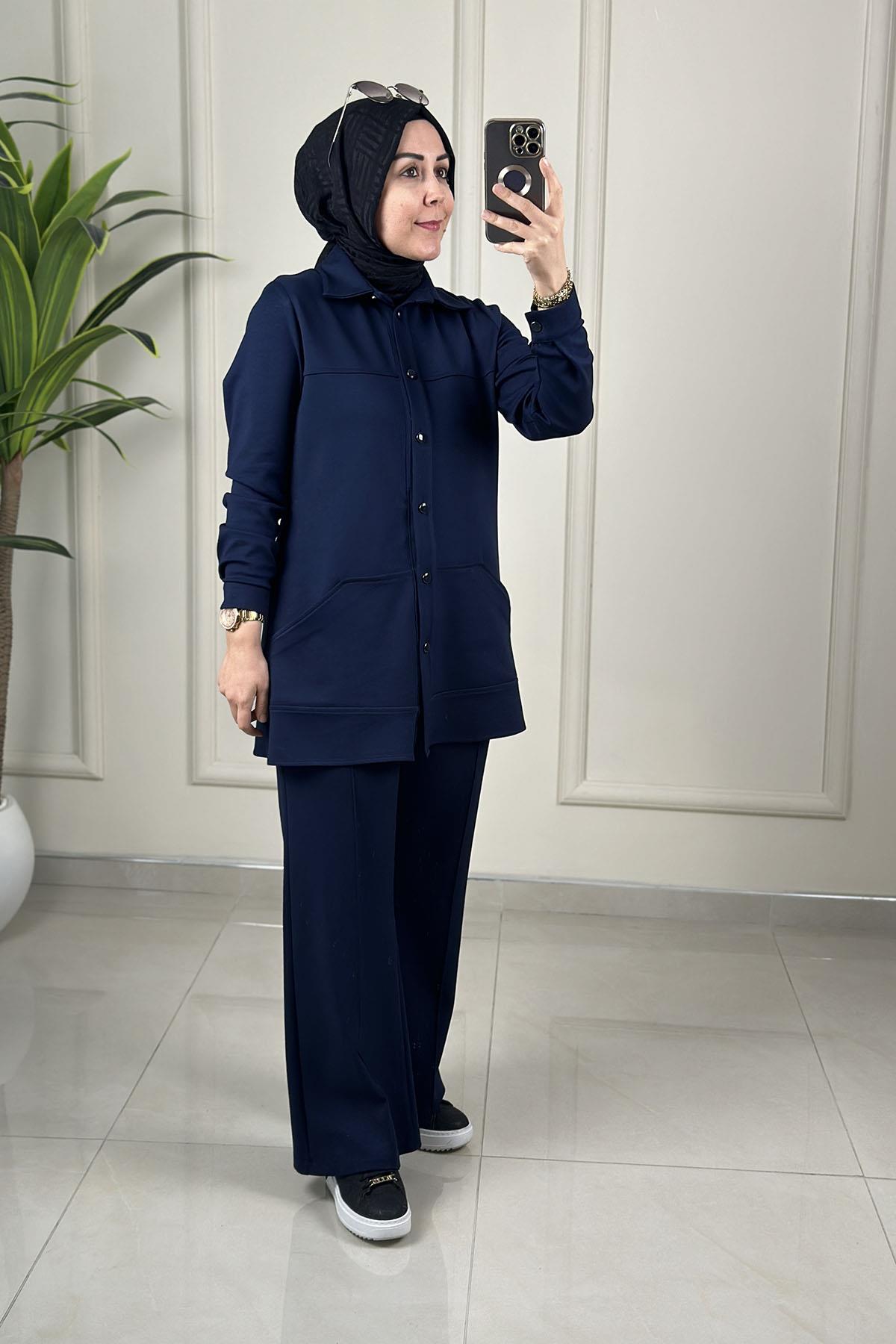 Tesettür Pantolonlu TakımModal Sırt Yaprak Nakış Detaylı Tunik ve Pantolon Kadın İkili Takım Lacivert HYA 1622
