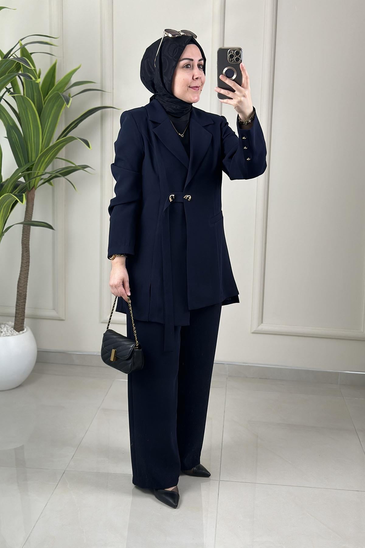 Tesettür Pantolonlu TakımÖnü Düğmeli Blazer Ceket ve Pantolon Kadın İkili Takım Lacivert MLH 2655