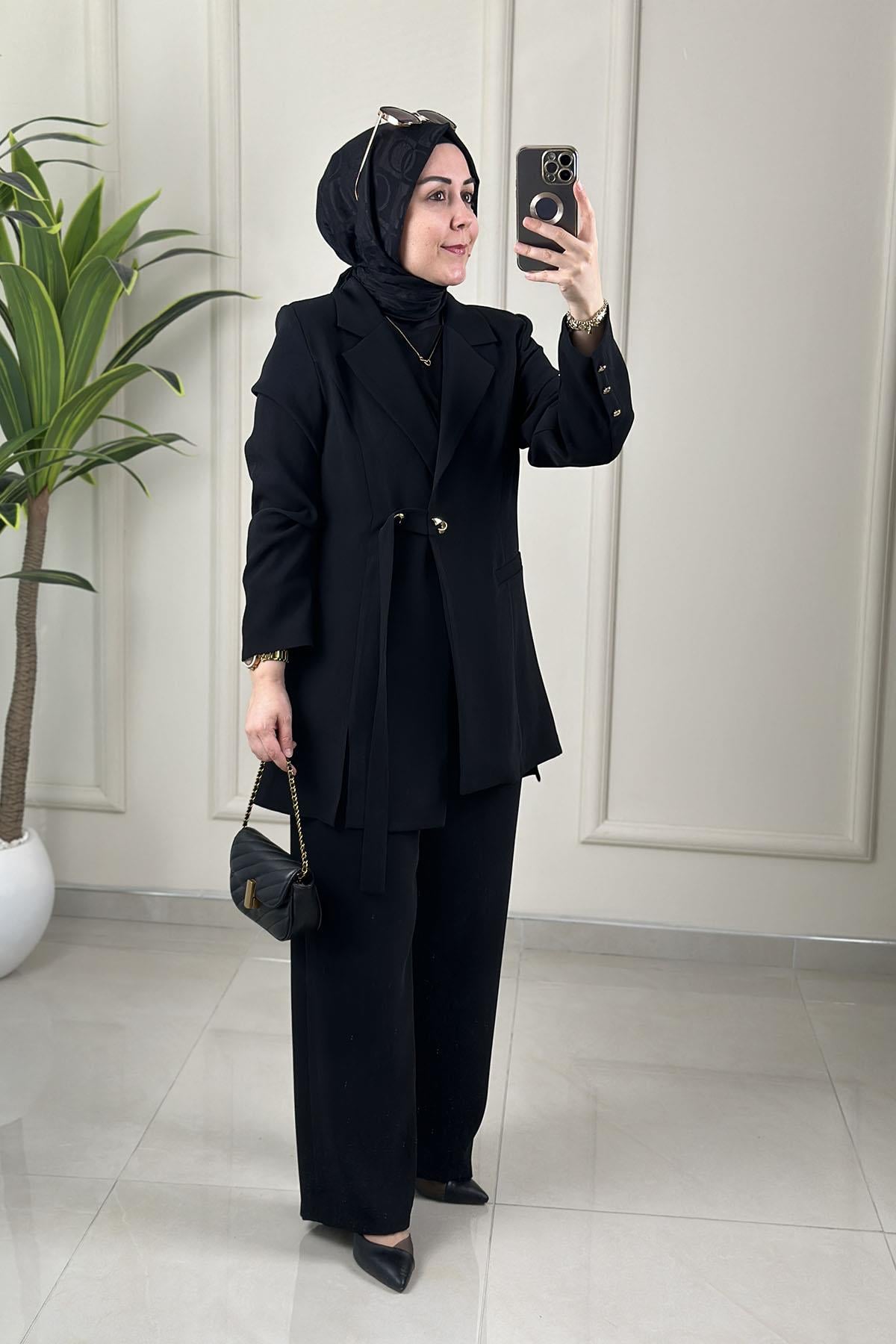 Tesettür Pantolonlu TakımÖnü Düğmeli Blazer Ceket ve Pantolon Kadın İkili Takım Siyah MLH 2655
