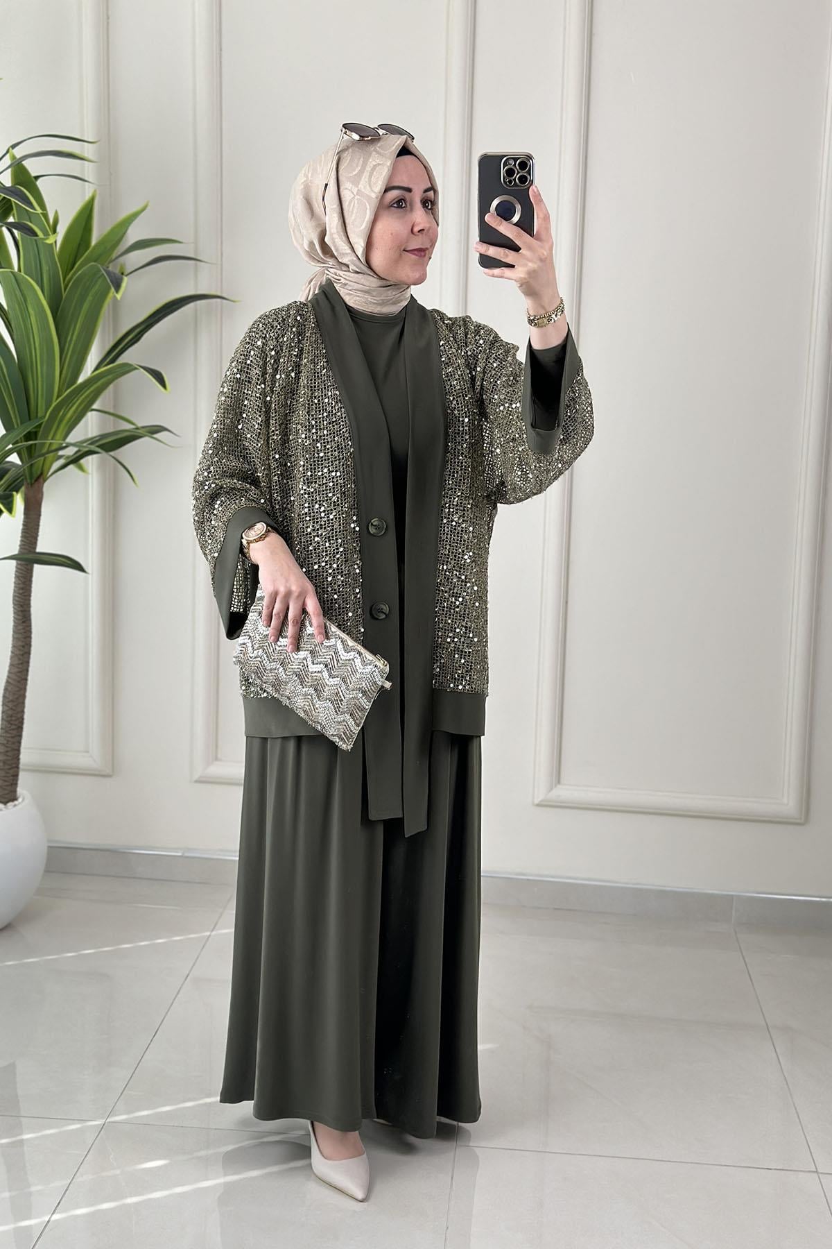 Tesettür Pantolonlu TakımÖnü Düğmeli Pul Payetli Ceket-Bluz ve Pantolon Kadın Üçlü Takım Haki QSH 6492