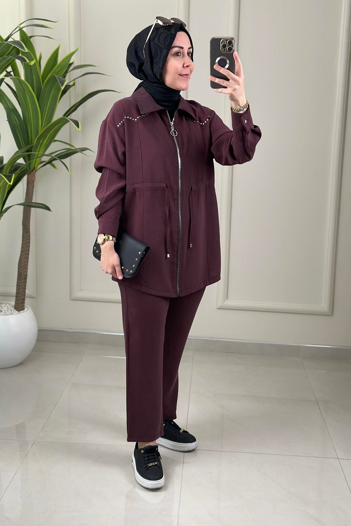 Tesettür Pantolonlu TakımÖnü Fermuarlı Beli Büzgülü Ceket ve Pantolon Kadın İkili Takım Bordo NDD 74