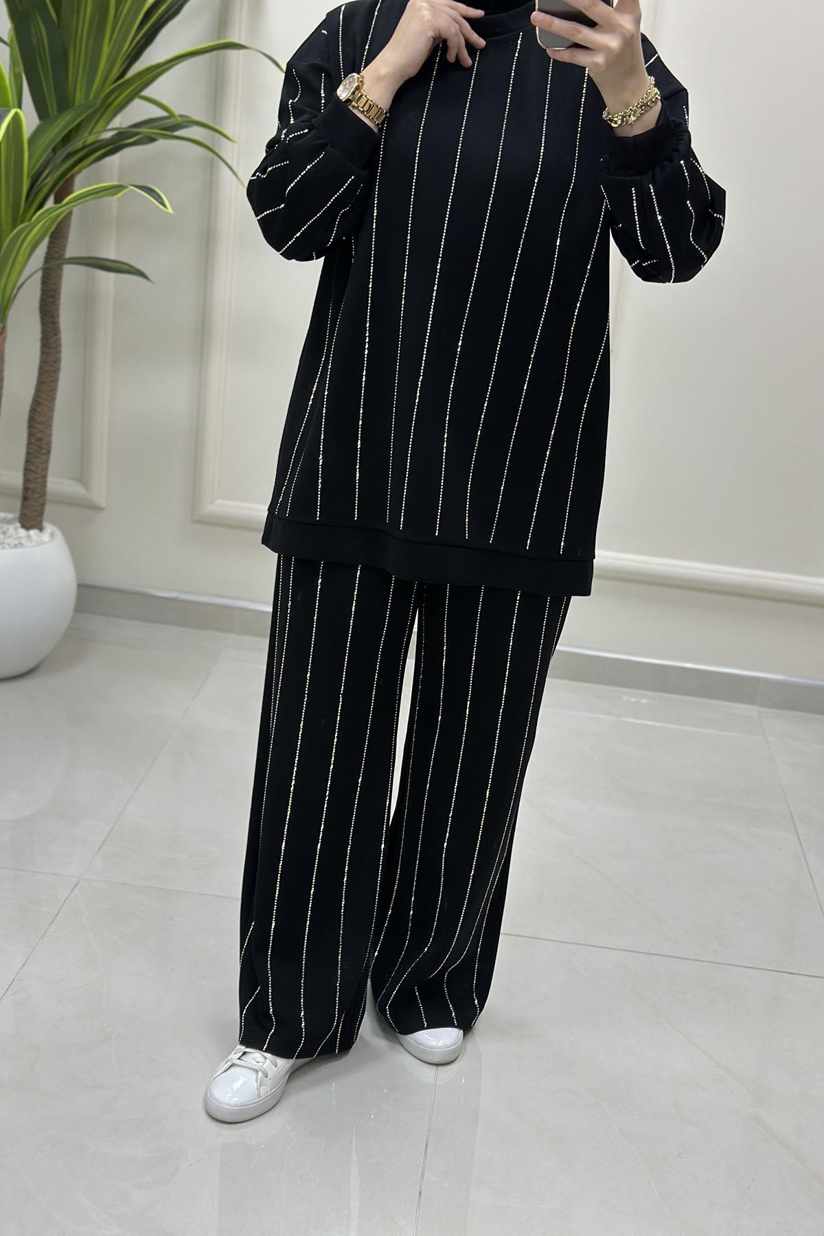 Tesettür Pantolonlu TakımOysho Düşük Omuz Taş Detaylı Tunik ve Pantolon Kadın İkili Takım Siyah MSE 8153