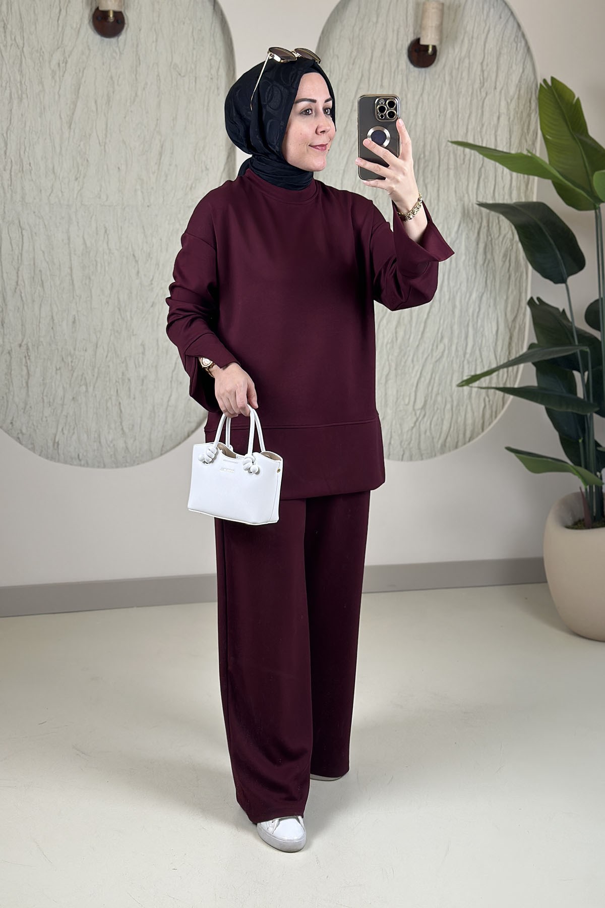 Tesettür Pantolonlu TakımOysho Düşük Omuz Tunik ve Pantolon Kadın İkili Takım Bordo HTN 9122