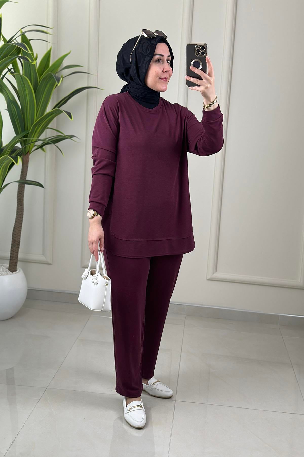 Tesettür Pantolonlu TakımPike Kumaş Düşük Omuz Tunik ve Pantolon Kadın İkili Takım Bordo NDD 85