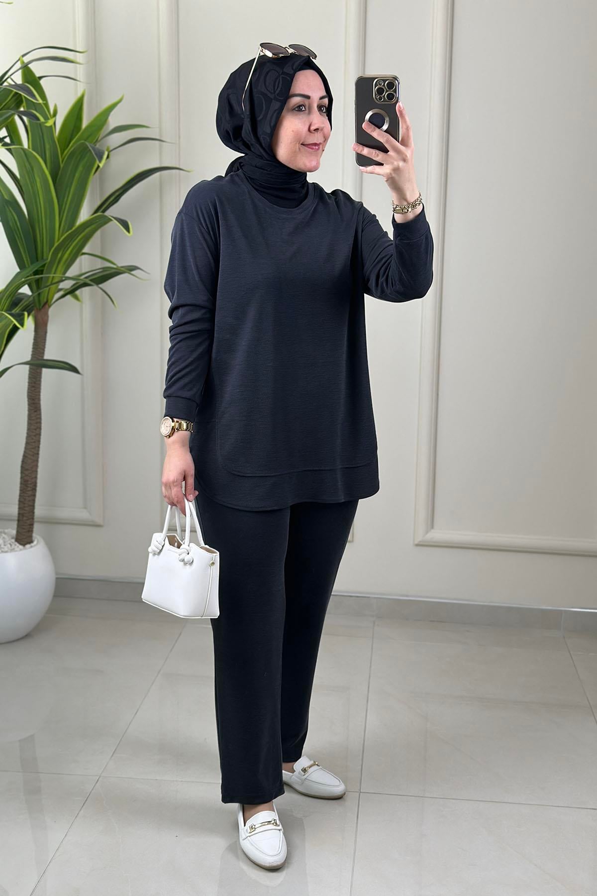 Tesettür Pantolonlu TakımPike Kumaş Düşük Omuz Tunik ve Pantolon Kadın İkili Takım Antrasit NDD 85