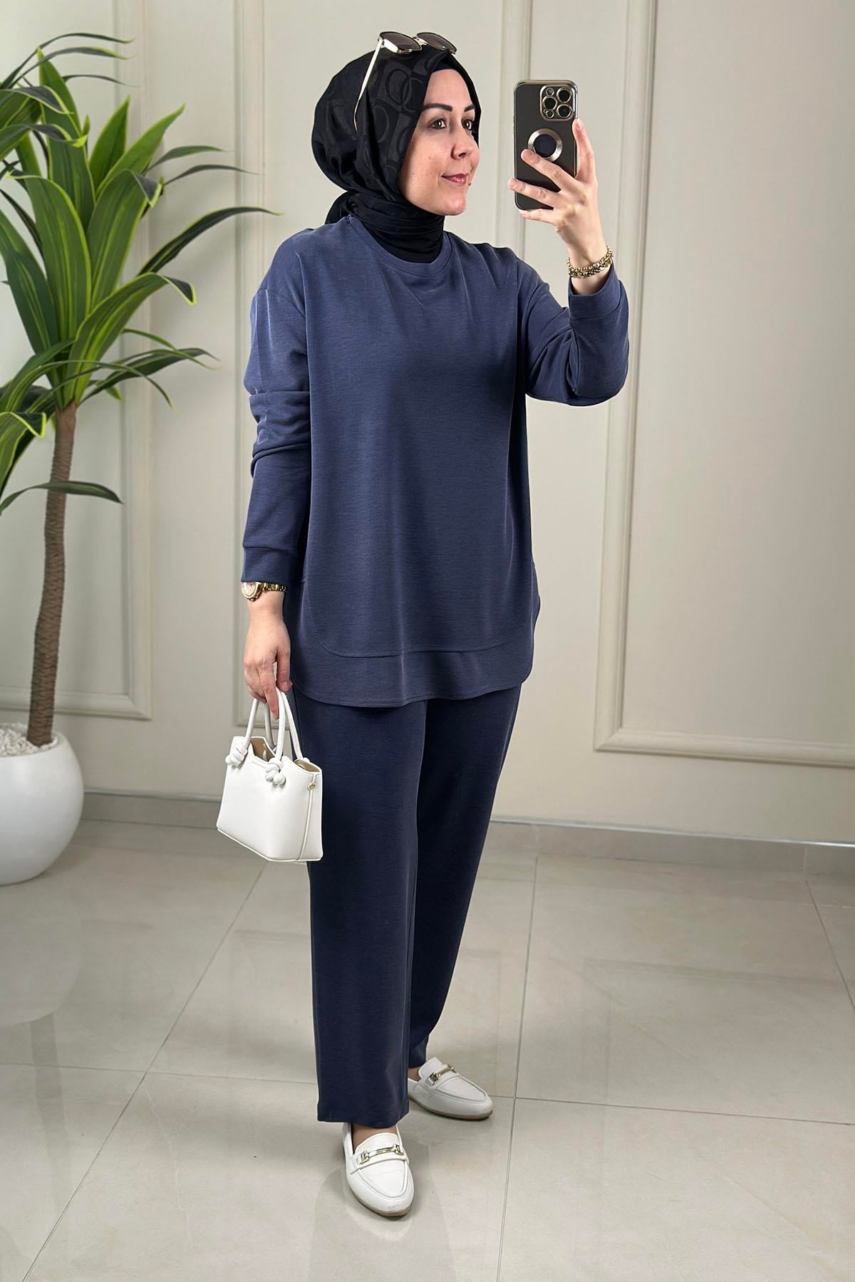 Tesettür Pantolonlu TakımPike Kumaş Düşük Omuz Tunik ve Pantolon Kadın İkili Takım Lacivert NDD 85