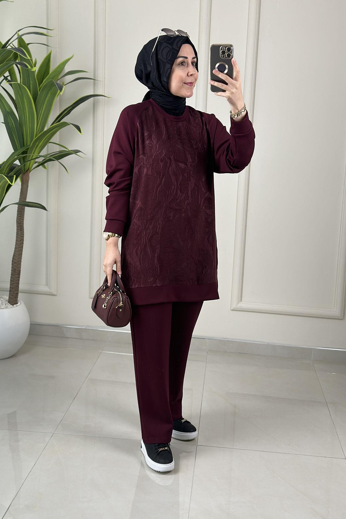 Tesettür Pantolonlu TakımQupra Oysho Garnili Reglan Kol Tunik ve Pantolon Kadın İkili Takım Bordo GNR 228