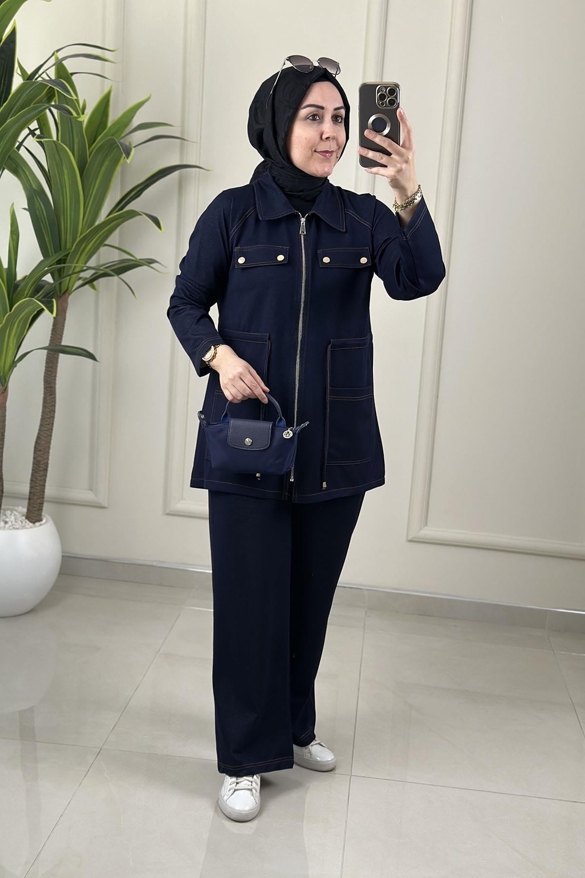 Tesettür Pantolonlu TakımTensel Görünümlü Modal Fermuarlı Ceket ve Pantolon Kadın İkili Takım Lacivert KADO 263330