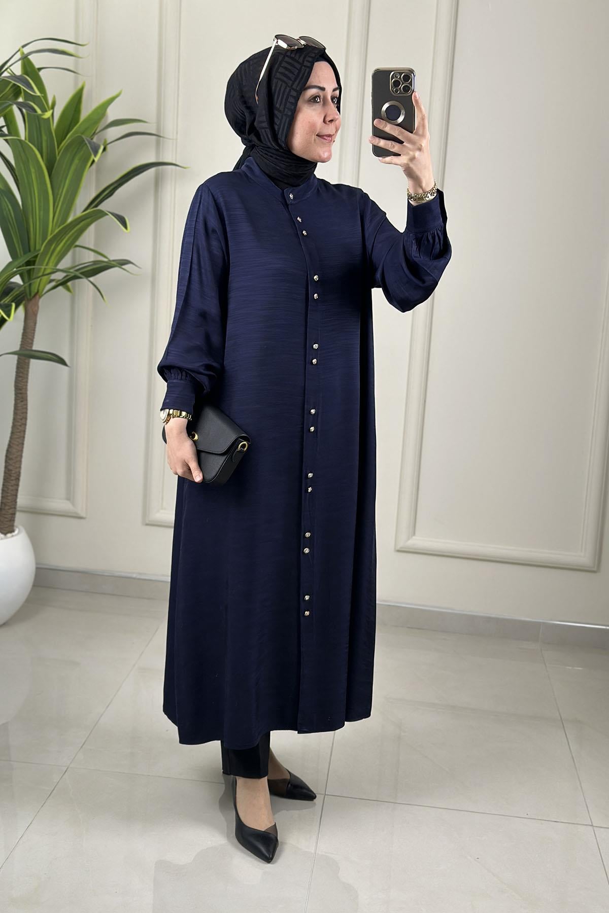 Tesettür Tunik GömlekÖnü Düğmeli Cepli Kadın Giyçık Tunik Lacivert KADO 262430