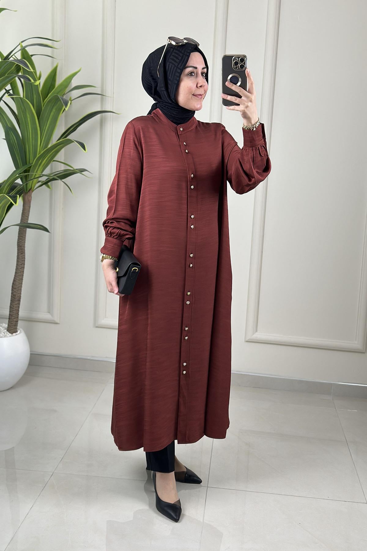 Tesettür Tunik GömlekÖnü Düğmeli Cepli Kadın Giyçık Tunik Kiremit KADO 262430