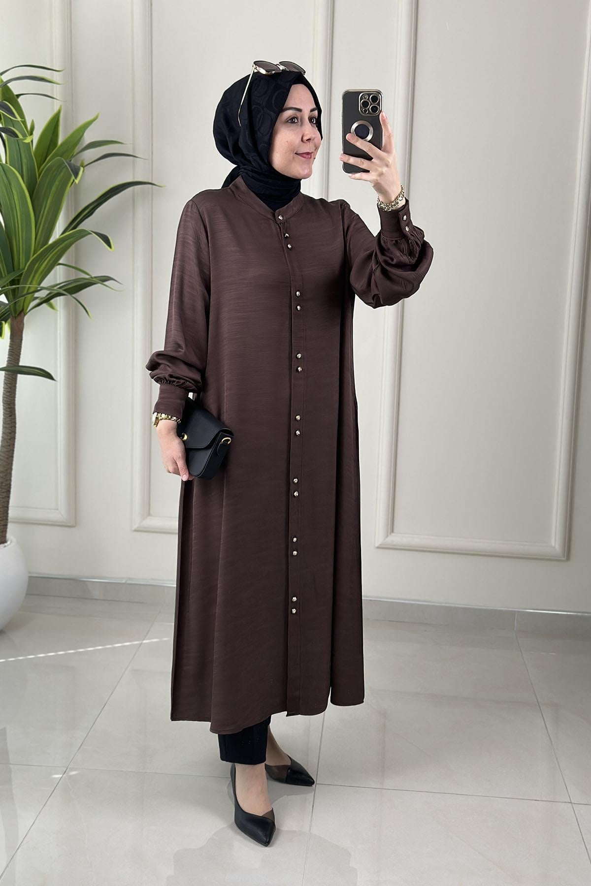 Tesettür Tunik GömlekÖnü Düğmeli Cepli Kadın Giyçık Tunik Acı Kahve KADO 262430