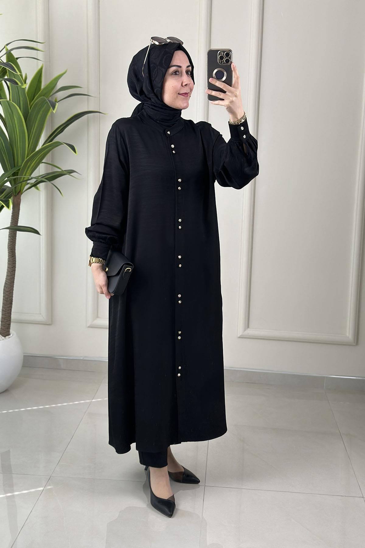Tesettür Tunik GömlekÖnü Düğmeli Cepli Kadın Giyçık Tunik Siyah KADO 262430