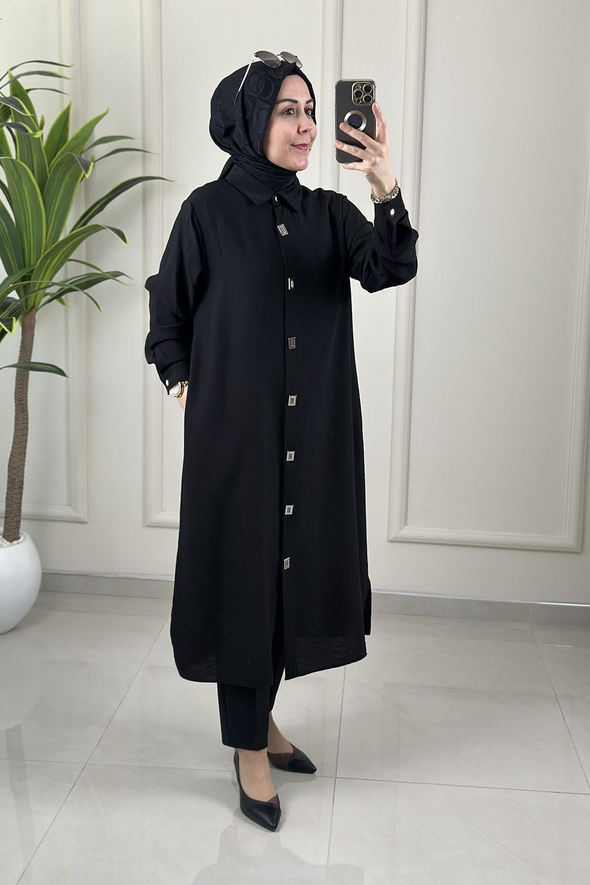 Tesettür Tunik GömlekÖnü Metal Düğmeli Cepli Kadın Tunik Siyah KADO 262546