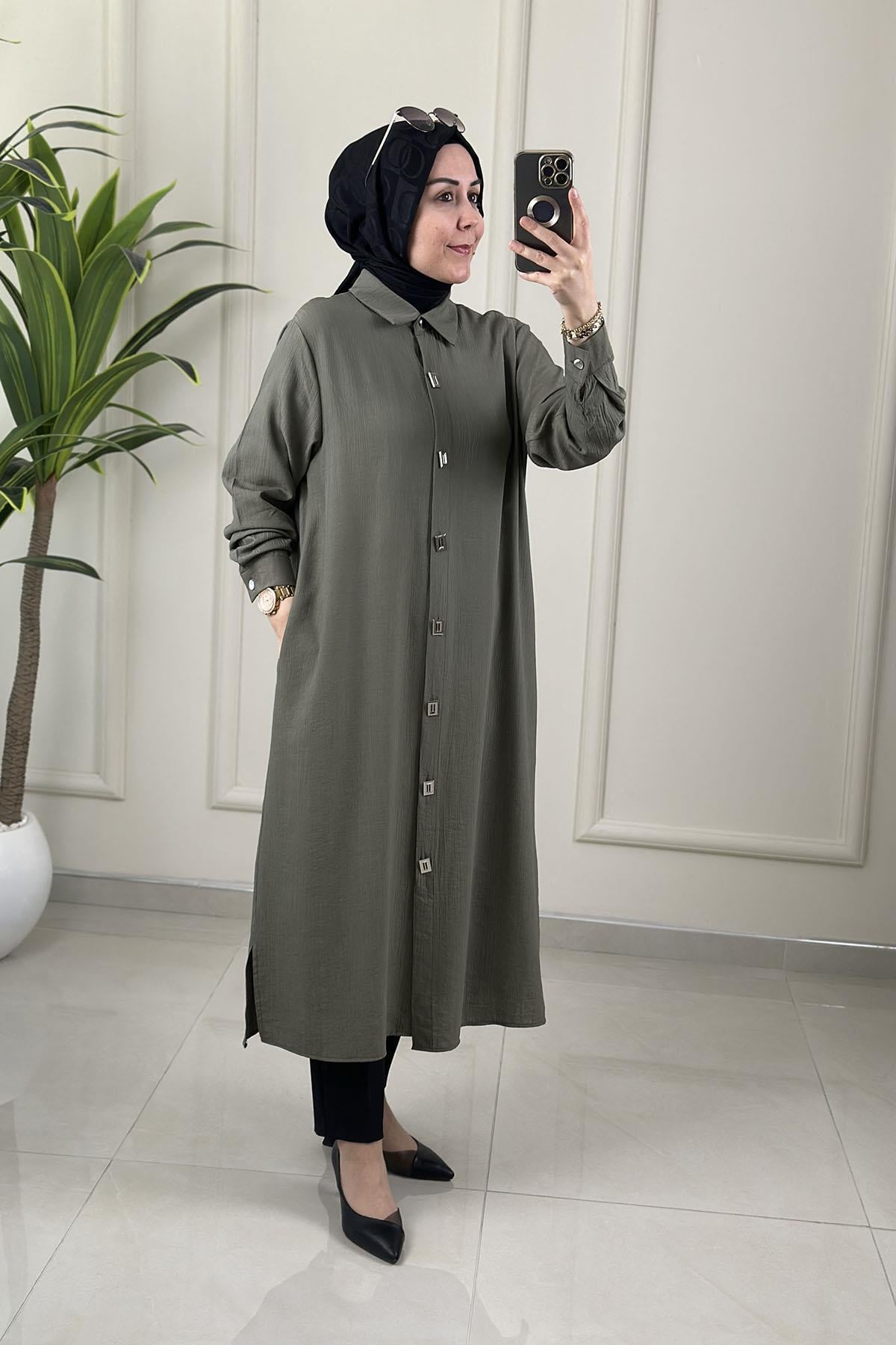 Tesettür Tunik GömlekÖnü Metal Düğmeli Cepli Kadın Tunik Haki KADO 262546