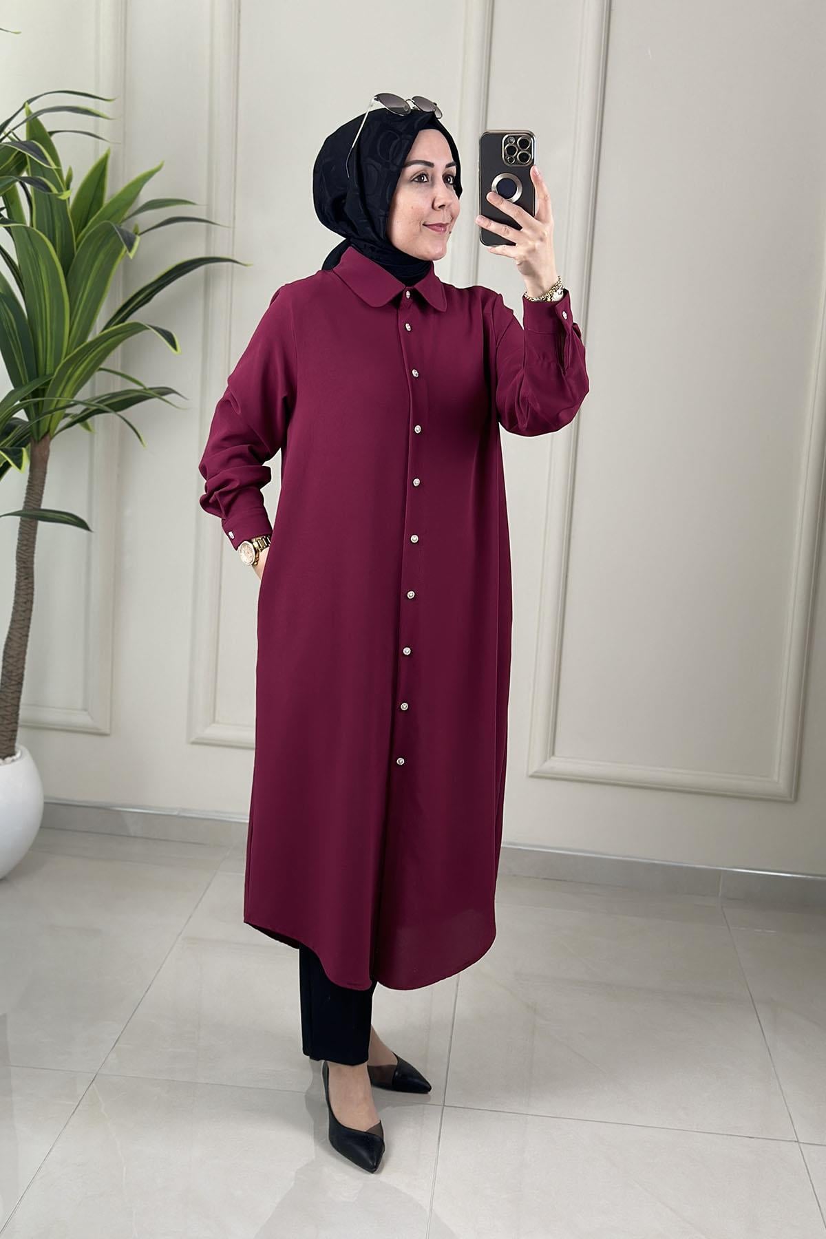 Tesettür Tunik GömlekÖnü Taş İnci Düğme Detaylı Uzun Kadın Tunik Fuşya KADO 262968