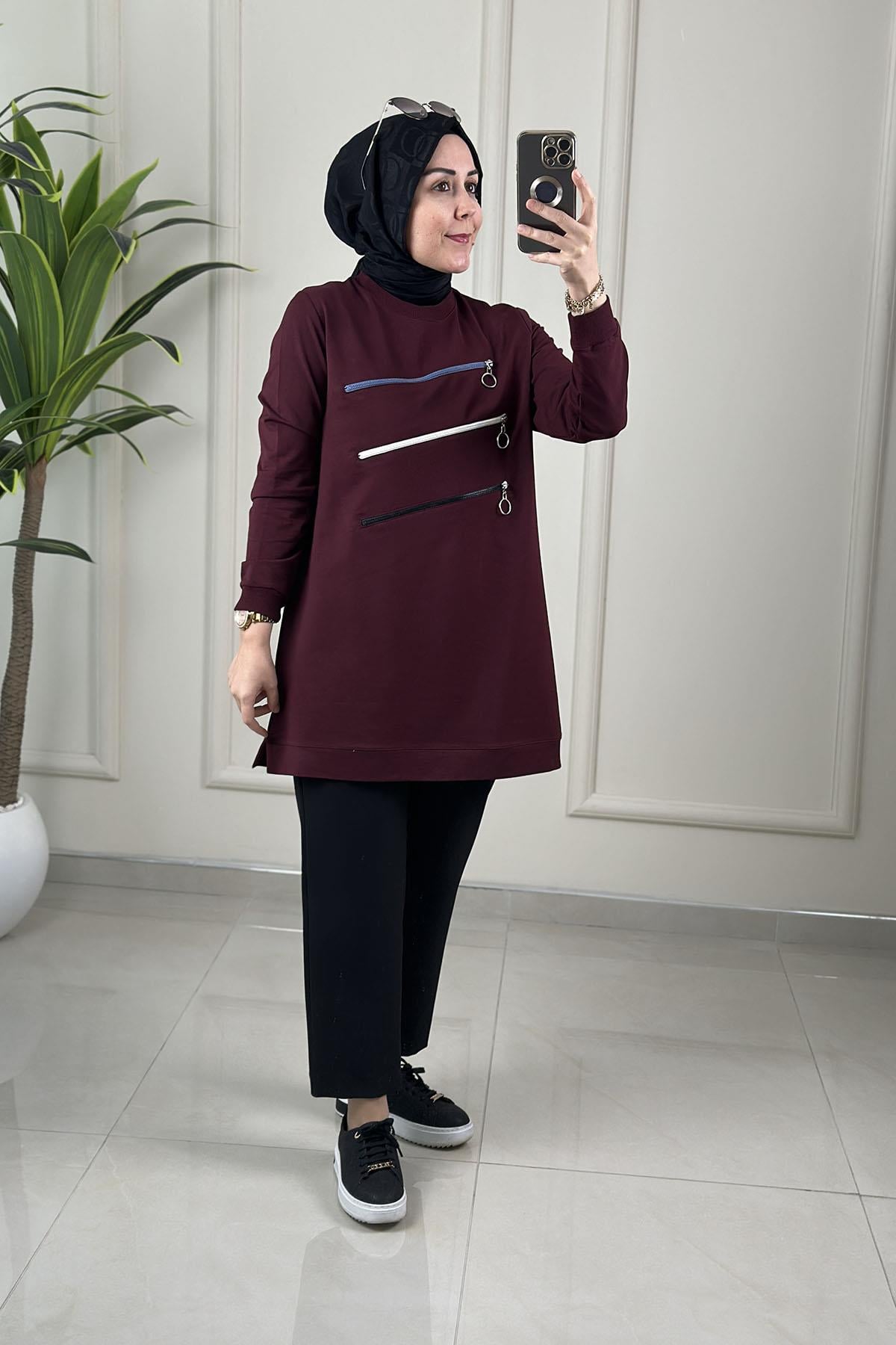 Tesettür Tunik GömlekYaka ve Kol Ribanalı Önü Fermuar Detaylı Kadın Tunik Bordo KADO 262598