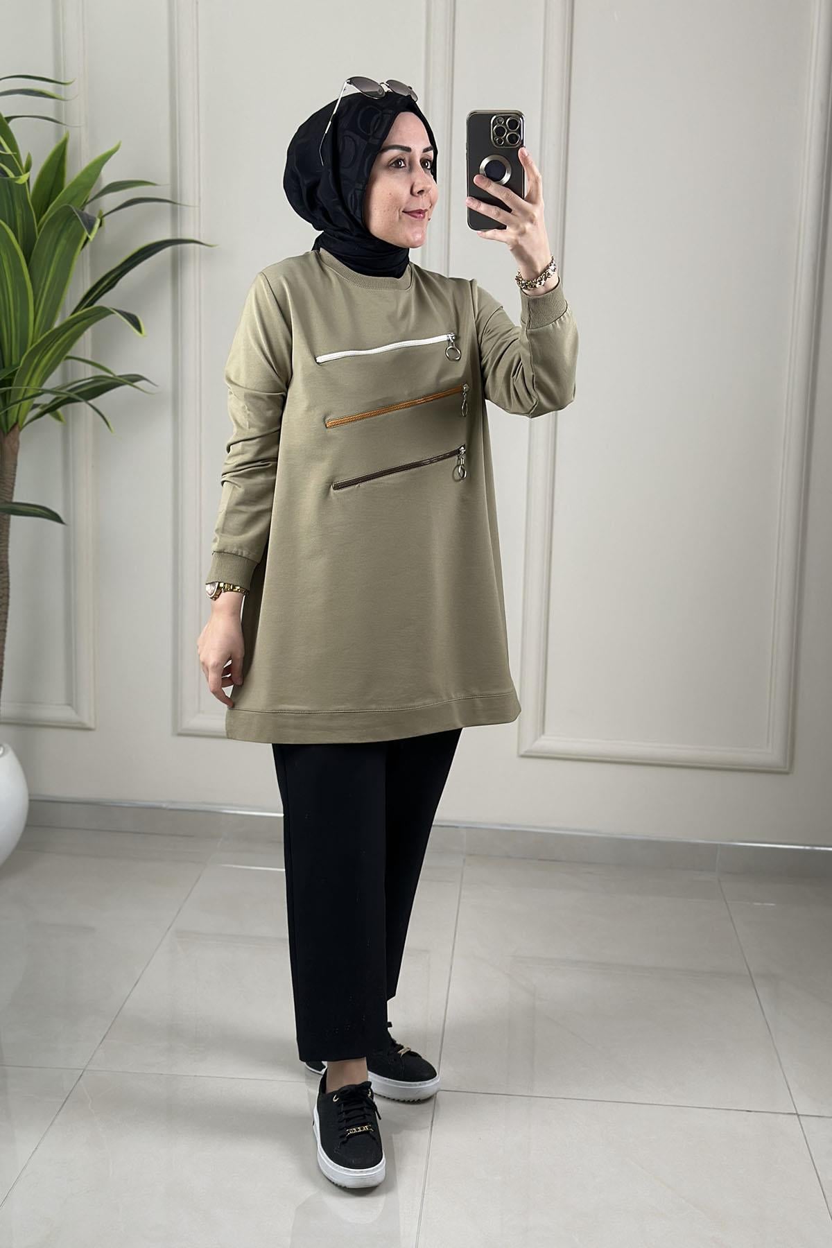 Tesettür Tunik GömlekYaka ve Kol Ribanalı Önü Fermuar Detaylı Kadın Tunik Açık Yeşil KADO 262598