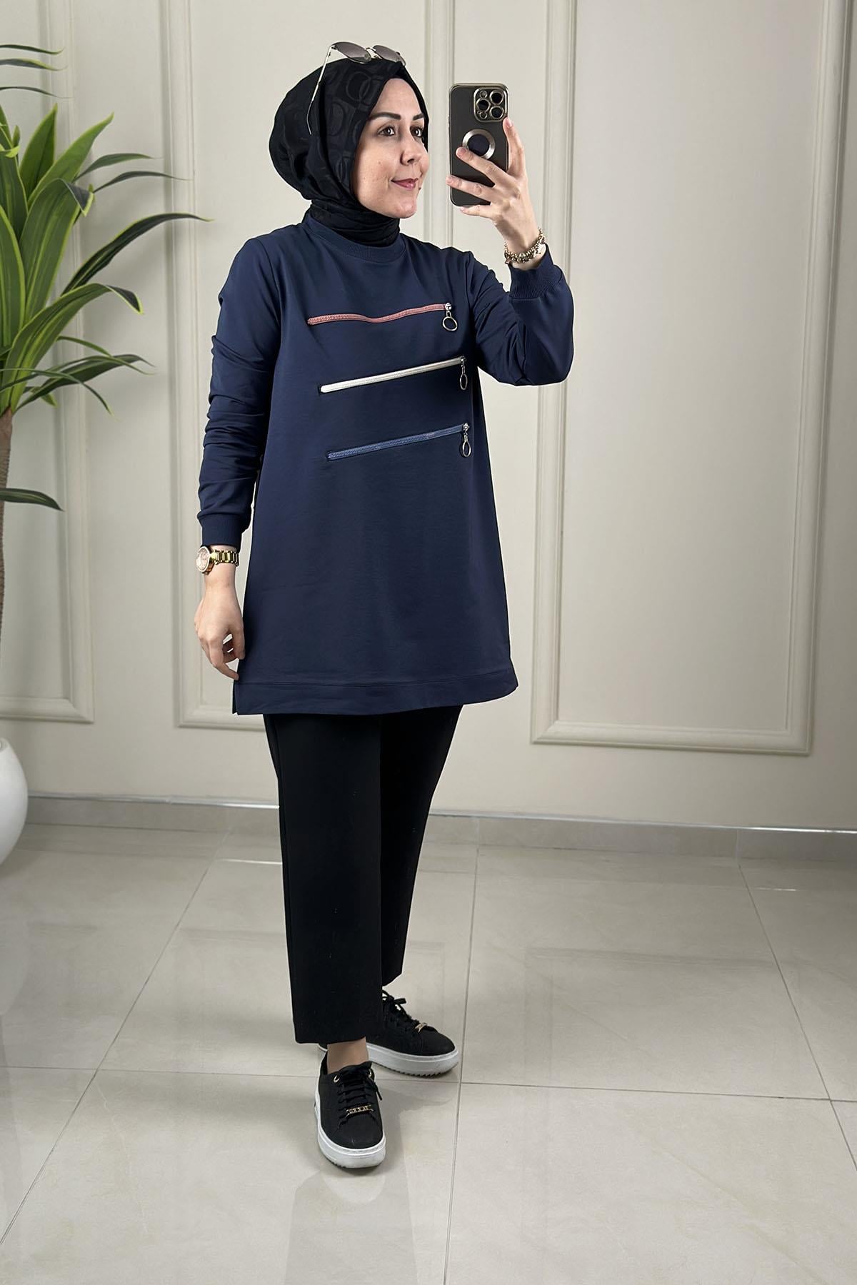 Tesettür Tunik GömlekYaka ve Kol Ribanalı Önü Fermuar Detaylı Kadın Tunik Lacivert KADO 262598