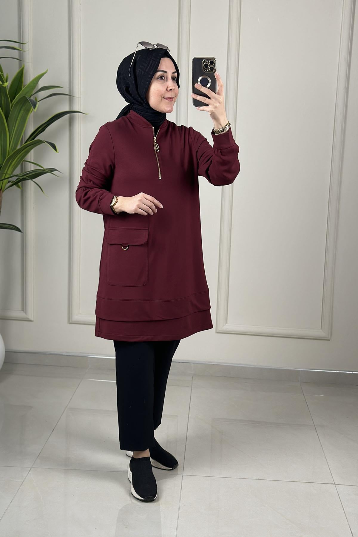 Tesettür Tunik ModelleriArmine Trend Önü Yarım Fermuarlı Cep Detaylı Kadın Modal Tunik Bordo ARM 463