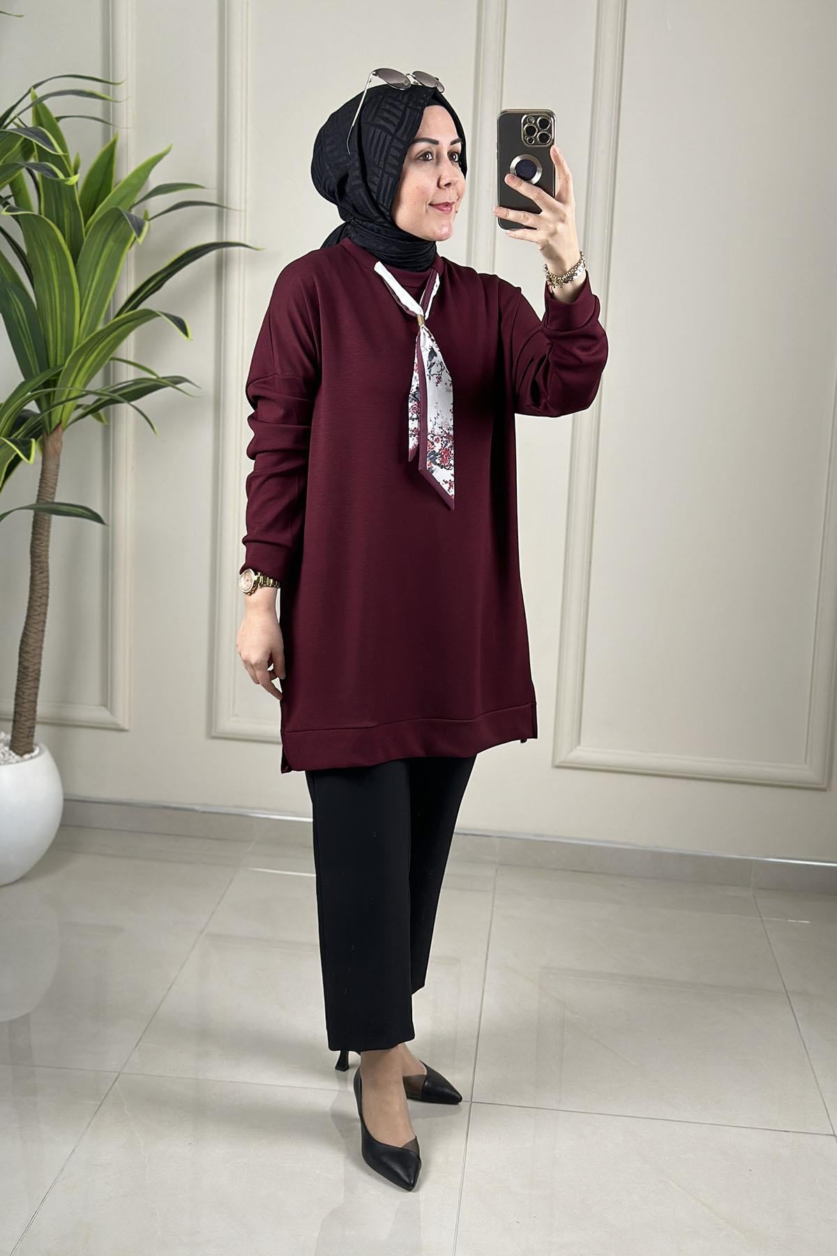 Tesettür Tunik ModelleriDüşük Omuz Fular Detaylı Kadın Tunik Bordo GNR 235