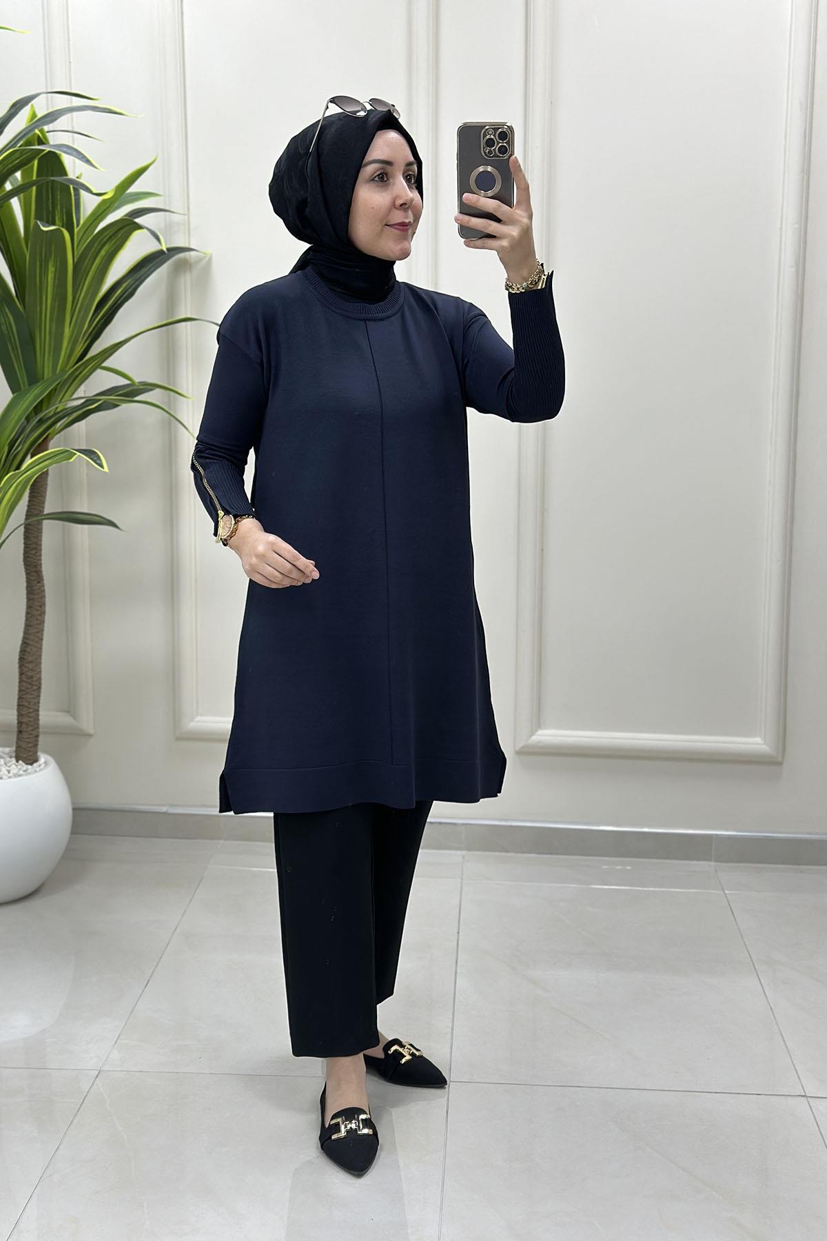 Tesettür Tunik ModelleriDüşük Omuz Kolu Fermuarlı Kadın Merserize Tunik Lacivert KADO 2725017