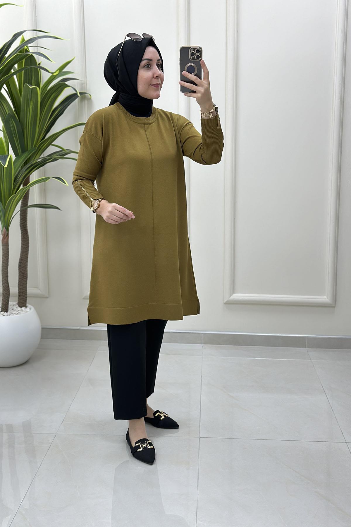 Tesettür Tunik ModelleriDüşük Omuz Kolu Fermuarlı Kadın Merserize Tunik Yağ Yeşili KADO 2725017