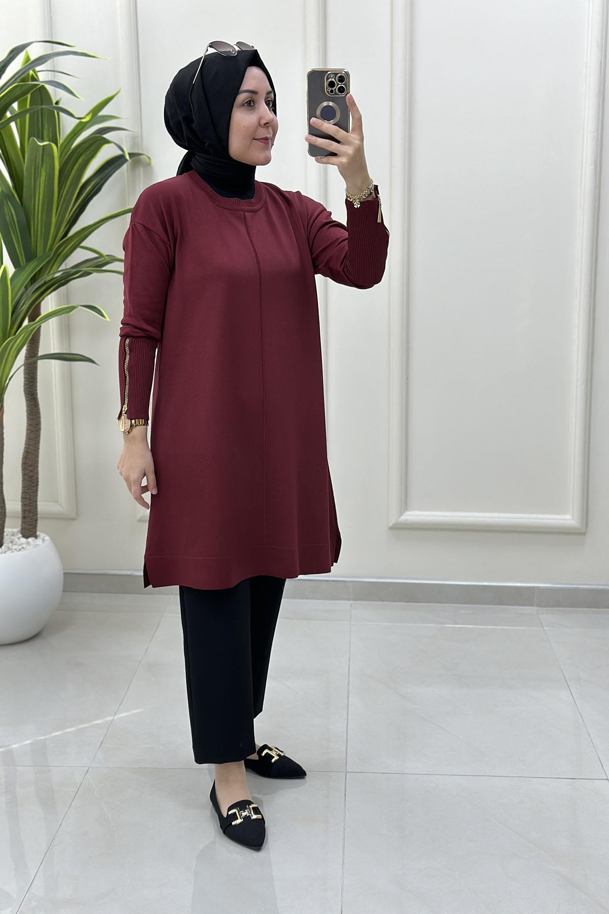 Tesettür Tunik ModelleriDüşük Omuz Kolu Fermuarlı Kadın Merserize Tunik Bordo KADO 2725017
