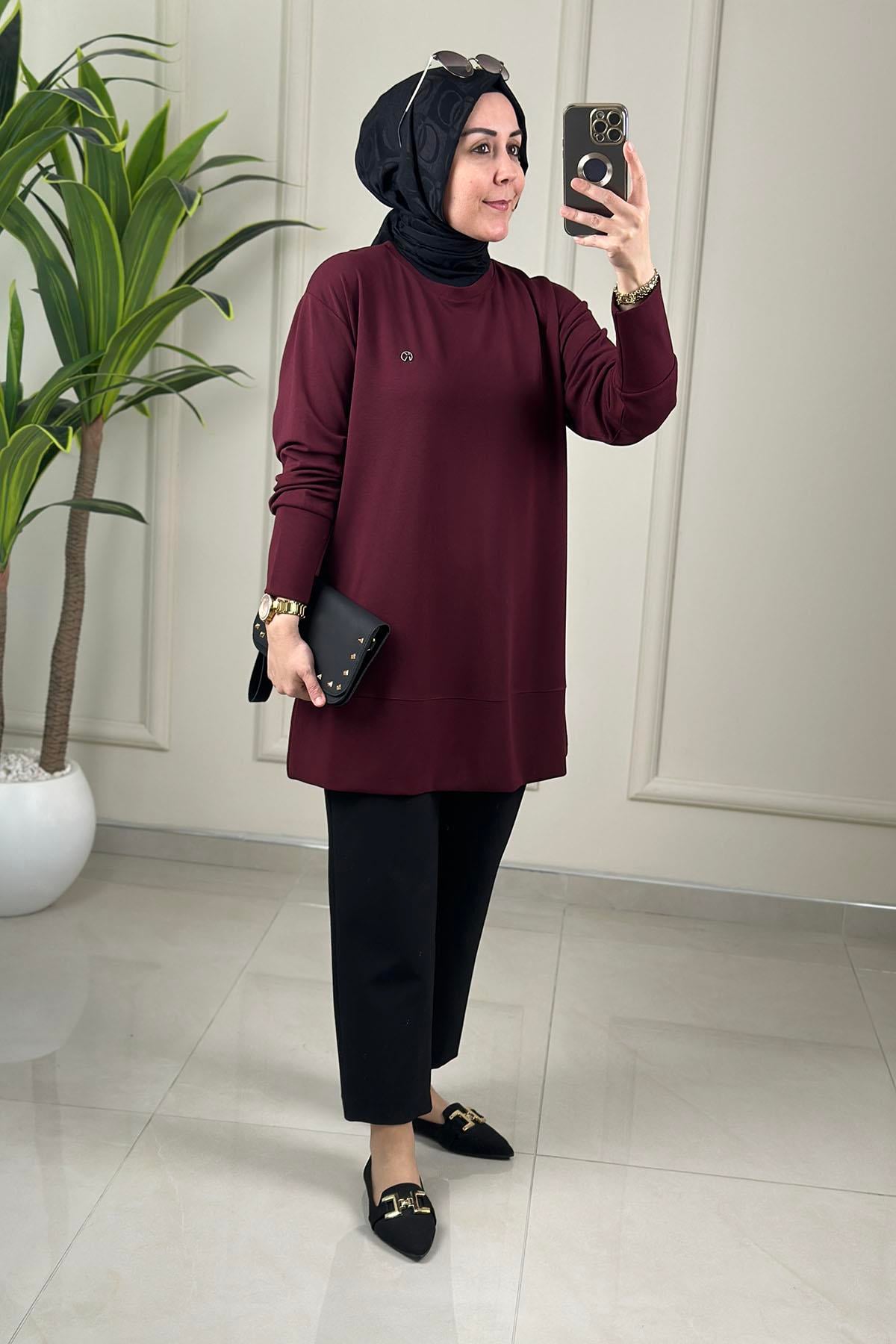 Tesettür Tunik Modelleriİnce Oysho Etek Ucu ve Kolu Geniş Bantlı Kadın Tunik Bordo KADO 263704