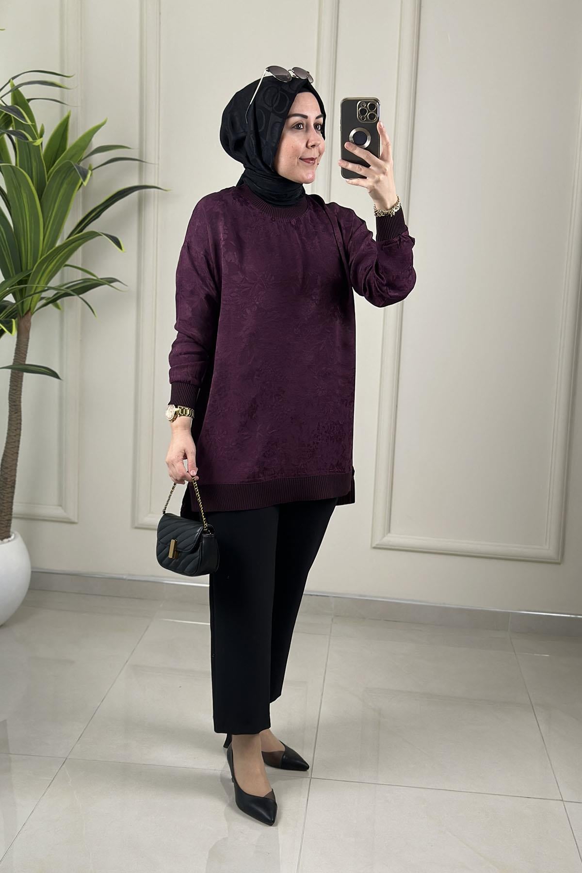 Tesettür Tunik ModelleriJakar Qupra Düşük Omuz Ribana Detaylı Kadın Tunik Mürdüm KADO 262926