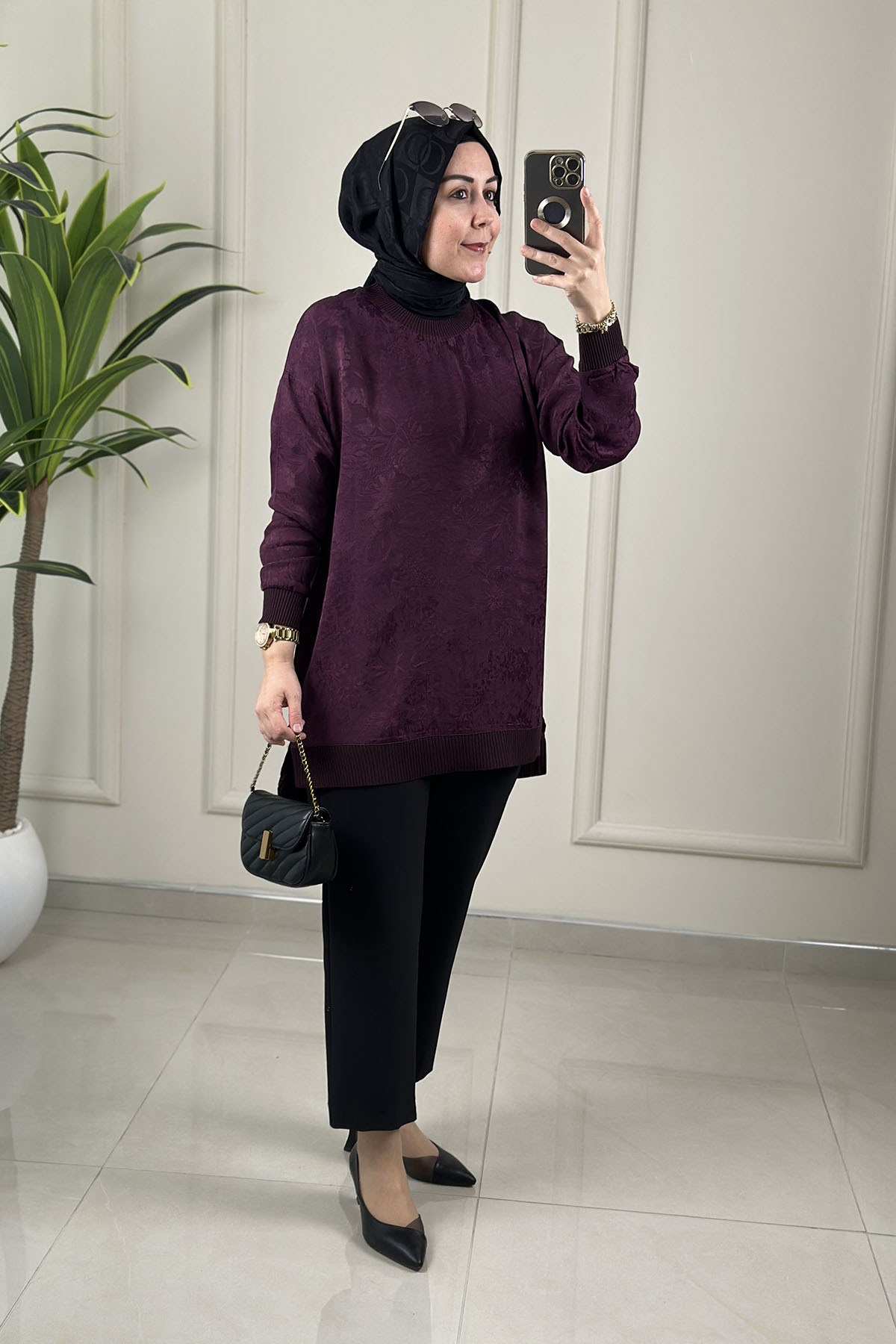 Tesettür Tunik ModelleriJakar Qupra Düşük Omuz Ribana Detaylı Kadın Tunik Mürdüm KADO 262926