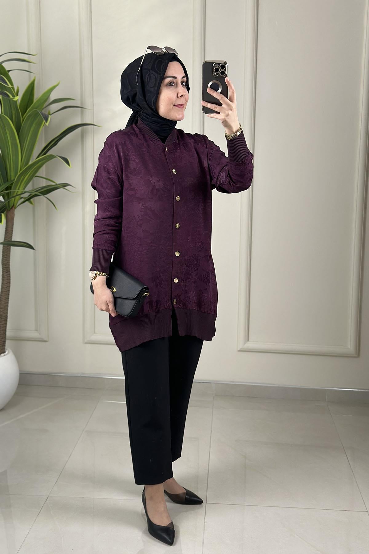 Tesettür Tunik ModelleriJakar Qupra Önü Düğmeli Ribana Detaylı Kadın Tunik Koyu Mürdüm KADO 262864