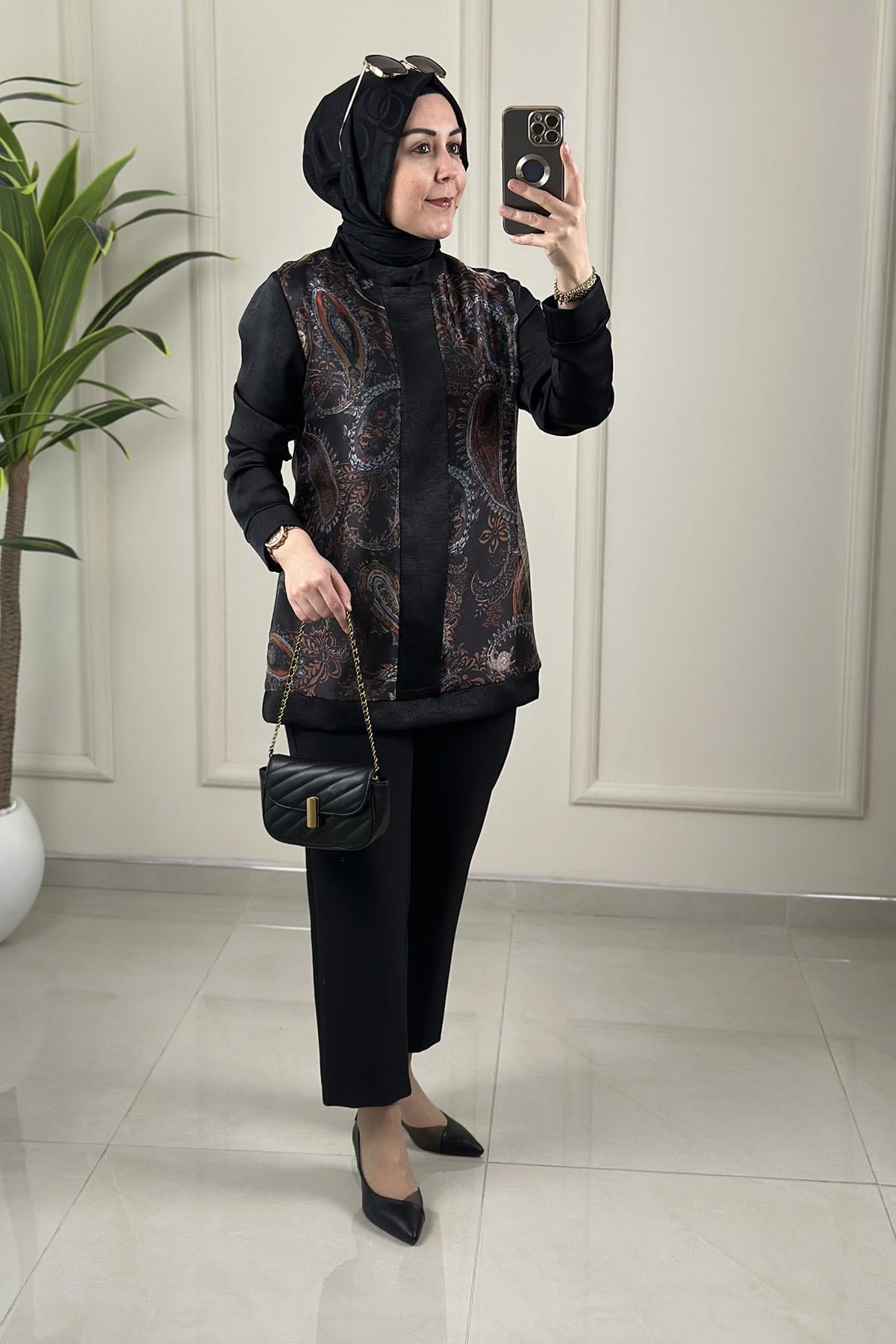 Tesettür Tunik ModelleriKendinden Desenli Organze Qupra Garnili Kadın Tunik Siyah QTN 7116