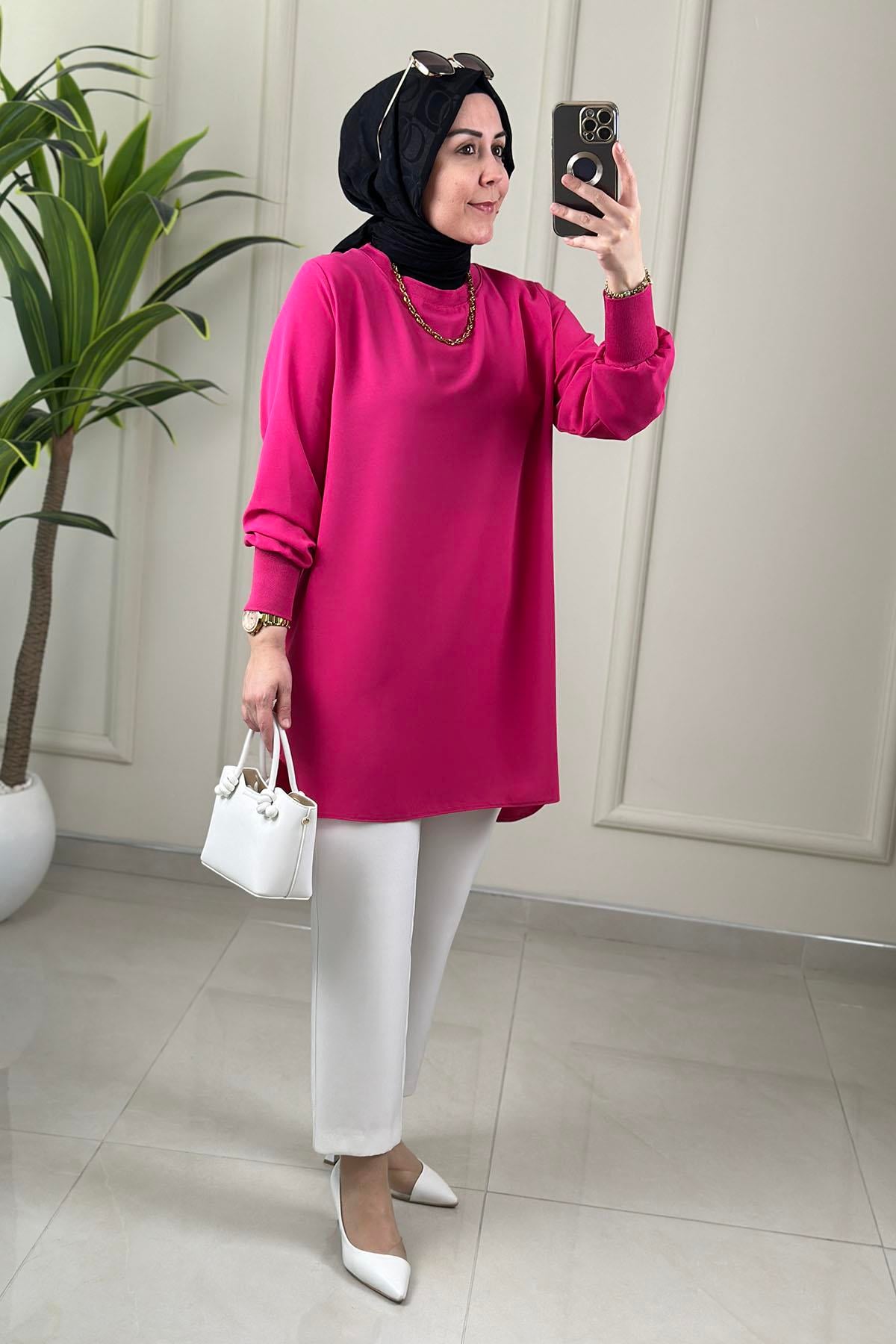 Tesettür Tunik ModelleriLinda Krep Yaka ve Kol Ribanalı Basic Kadın Tunik Pembe NOS 4401