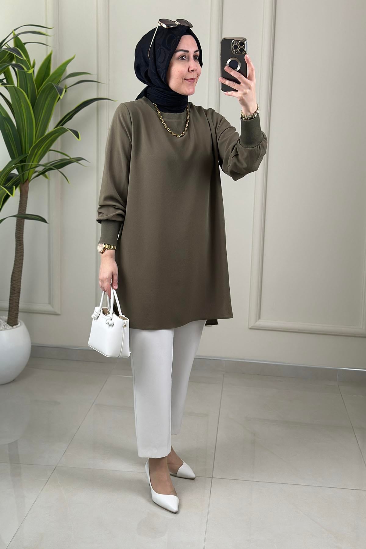 Tesettür Tunik ModelleriLinda Krep Yaka ve Kol Ribanalı Basic Kadın Tunik Haki NOS 4401