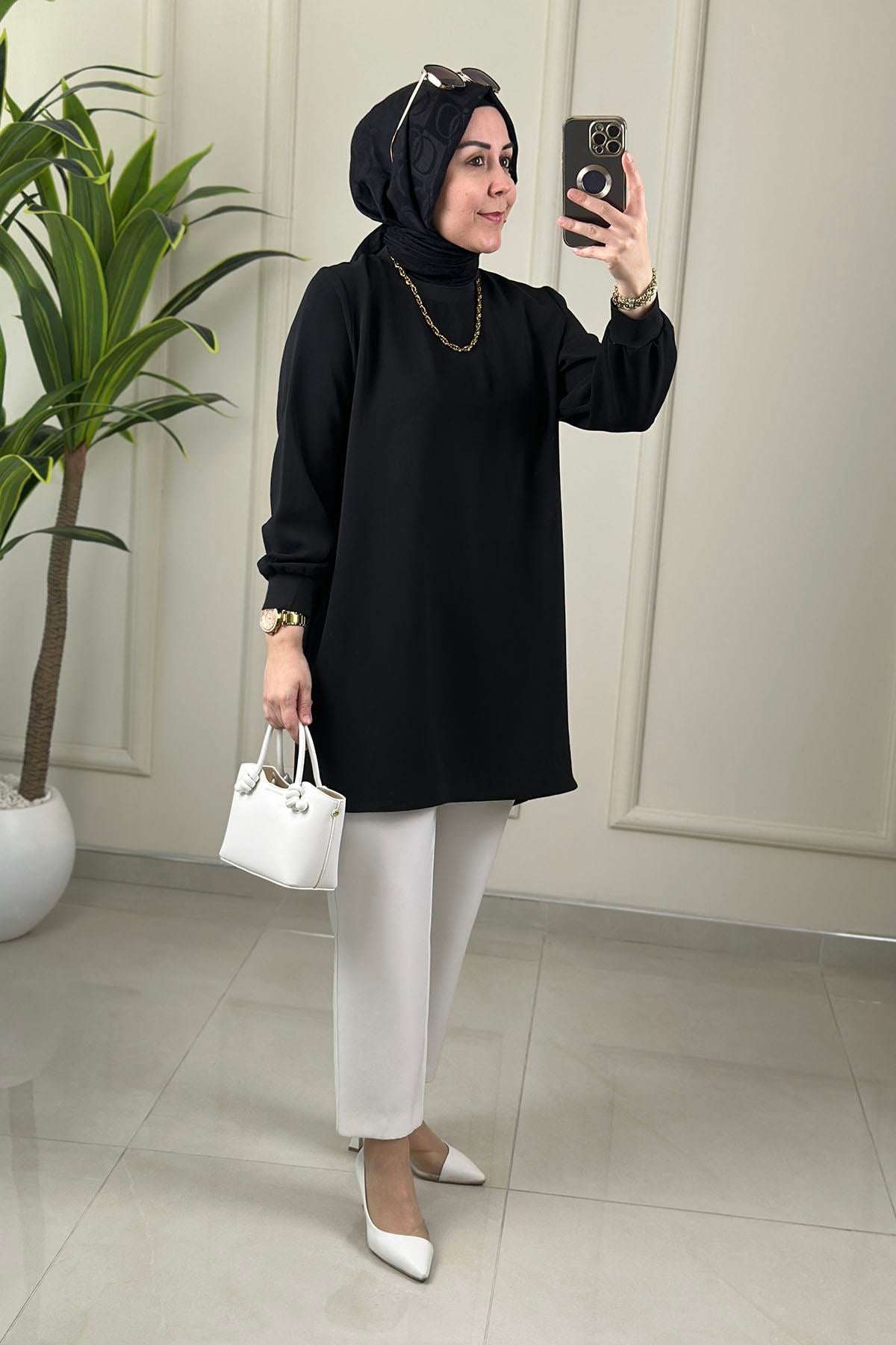 Tesettür Tunik ModelleriLinda Krep Yaka ve Kol Ribanalı Basic Kadın Tunik Siyah NOS 4401