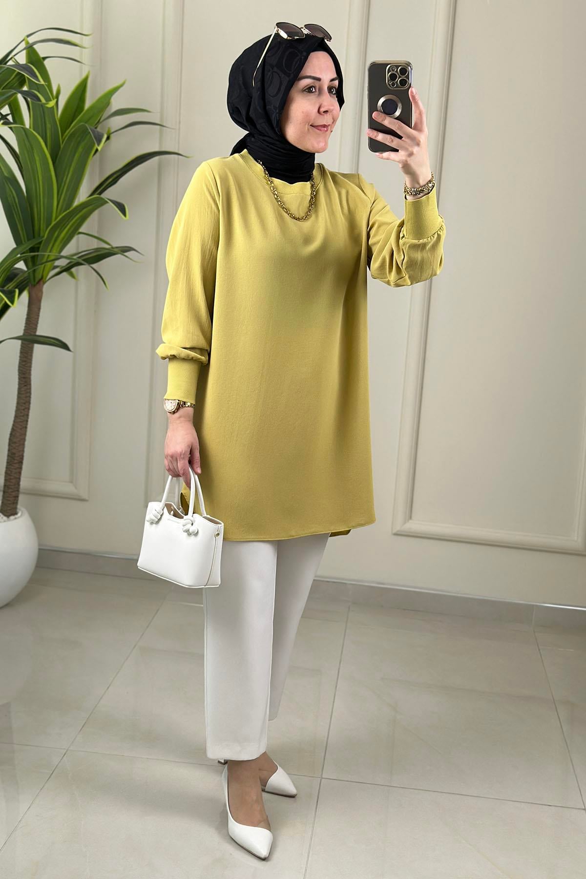 Tesettür Tunik ModelleriLinda Krep Yaka ve Kol Ribanalı Basic Kadın Tunik Asit Yeşili NOS 4401