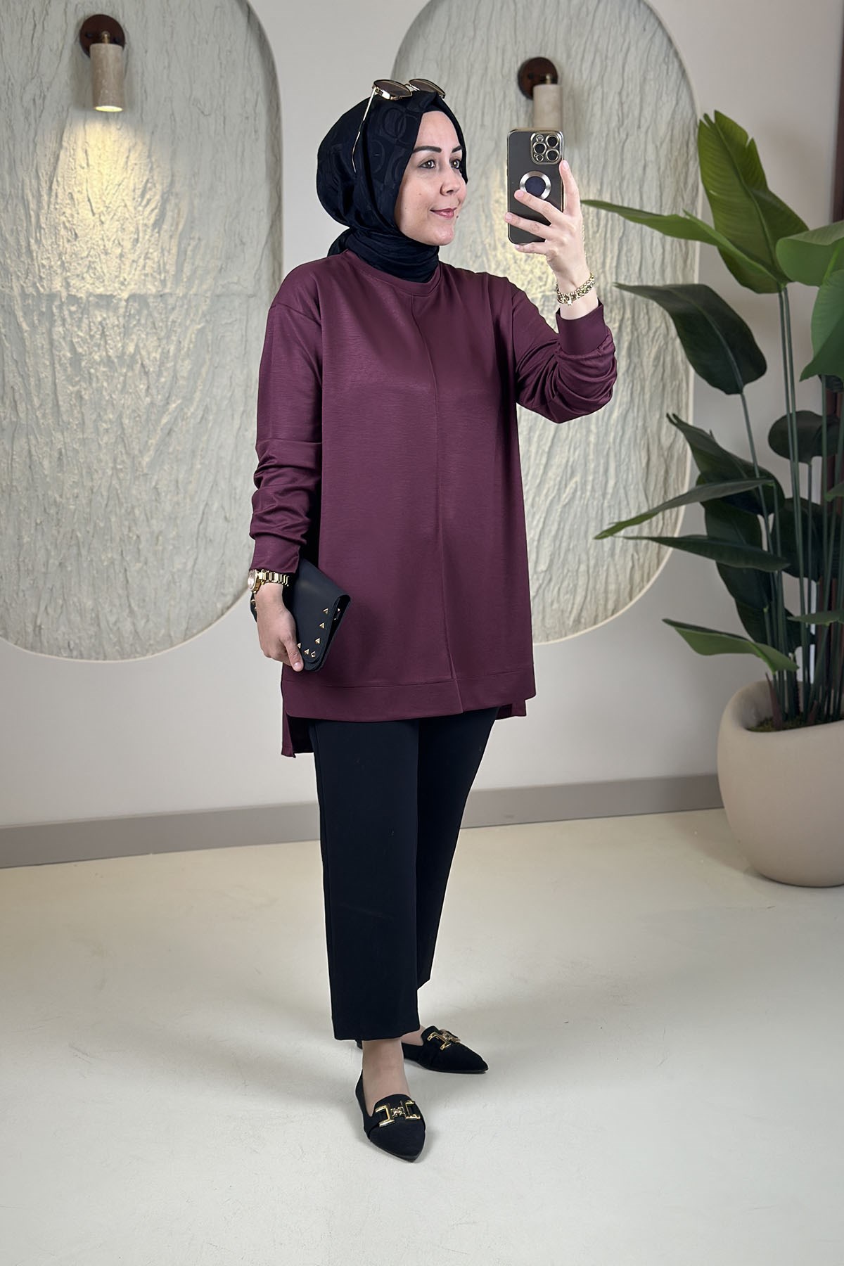 Tesettür Tunik ModelleriModal Oysho Önü Biyeli Kadın Tunik Açık Bordo KADO 269390