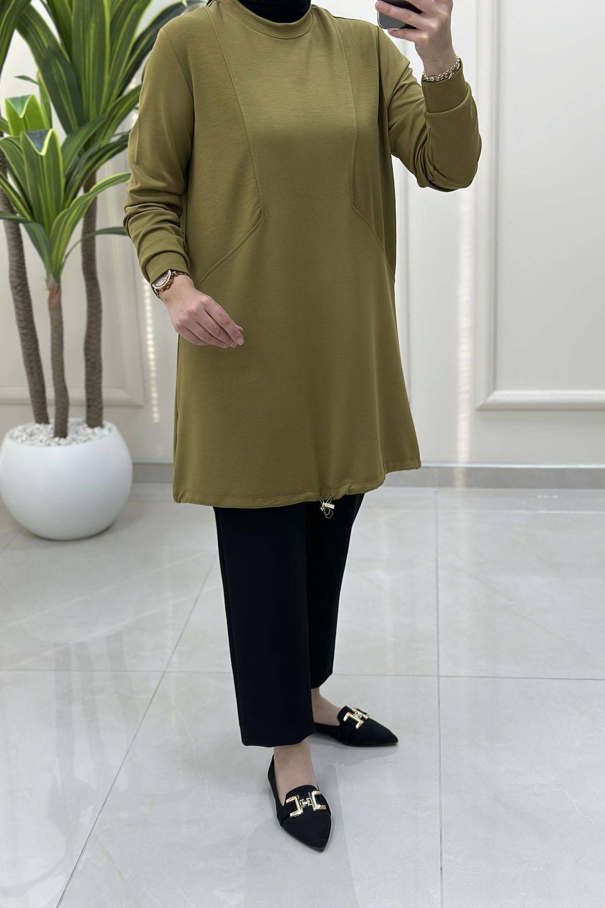 Tesettür Tunik ModelleriÖnü Dikiş Modelli Eteği Büzgülü Kadın Oysho Tunik Yağ Yeşili KADO 257318