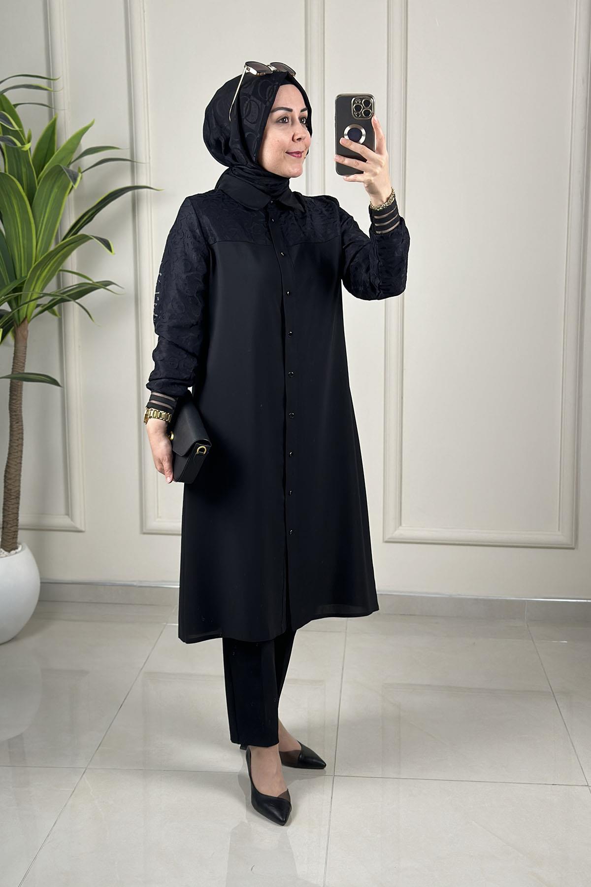 Tesettür Tunik ModelleriÖnü Düğmeli Organze Tül Üzeri Yakma Garnili Kadın Krep Tunik Siyah QTN 2949