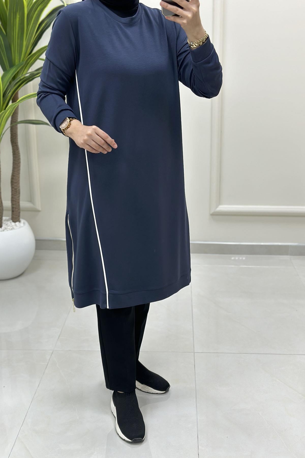 Tesettür Tunik ModelleriÖnü Şeritli Yan Fermuar Detaylı Kadın Tunik Antrasit KADO 257536