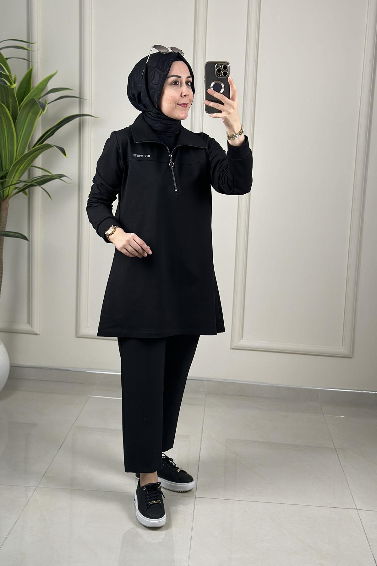 Tesettür Tunik ModelleriÖnü Yarım Fermuarlı Basic Kadın Tunik Siyah MP 2664