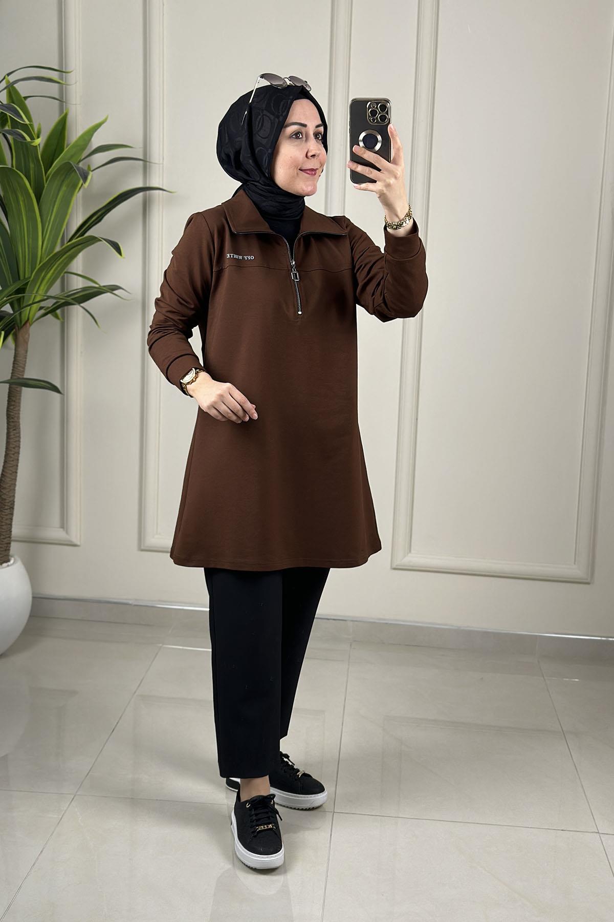 Tesettür Tunik ModelleriÖnü Yarım Fermuarlı Basic Kadın Tunik Kahverengi MP 2664