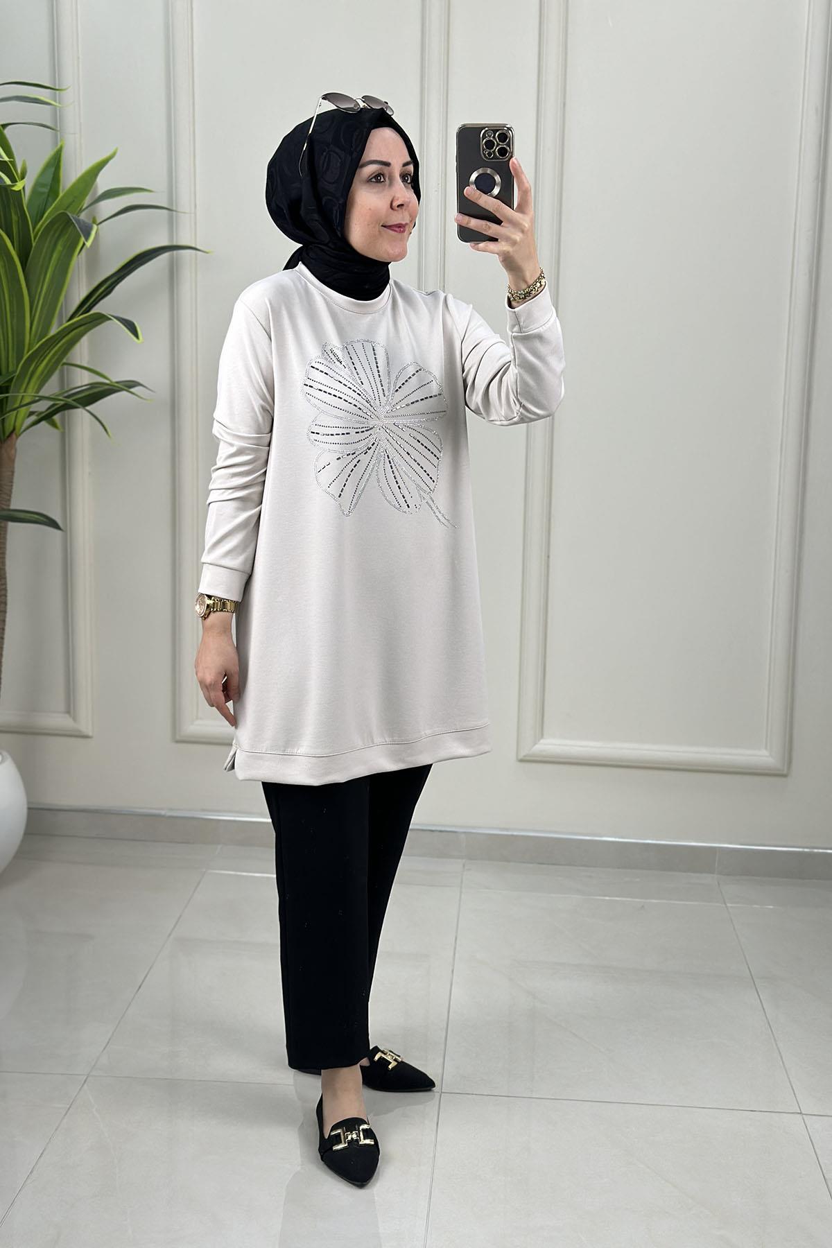 Tesettür Tunik ModelleriOysho Önü Taş Baskı Detaylı Kadın Tunik Taş KADO 257444