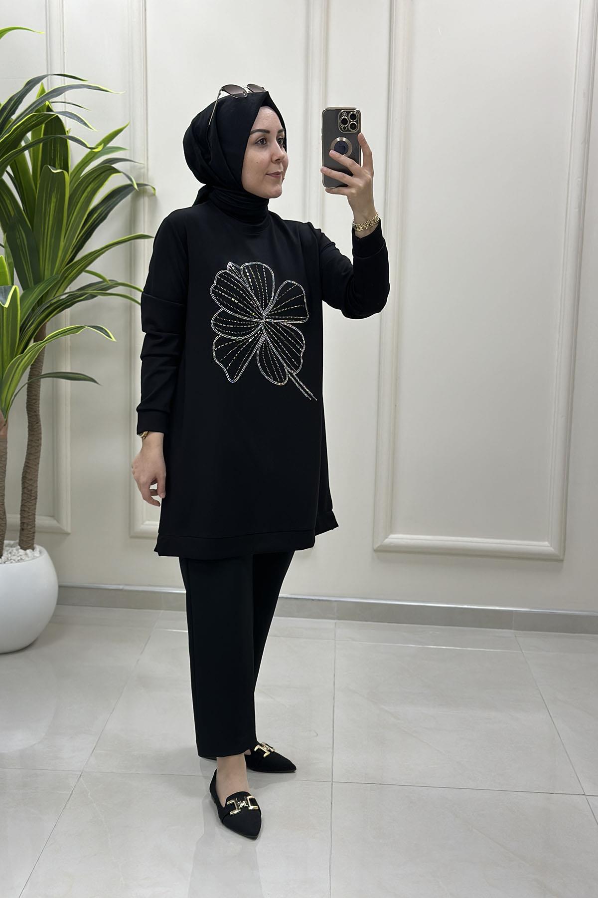 Tesettür Tunik ModelleriOysho Önü Taş Baskı Detaylı Kadın Tunik Siyah KADO 257444