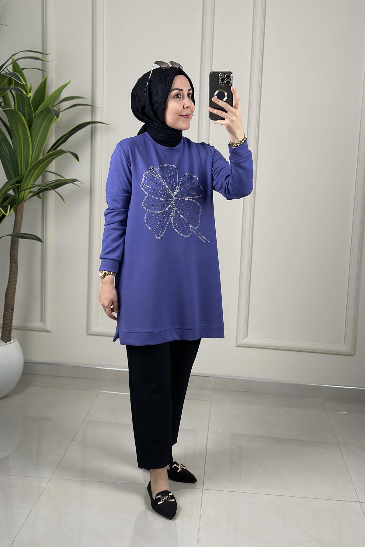 Tesettür Tunik ModelleriOysho Önü Taş Baskı Detaylı Kadın Tunik Mor KADO 257444