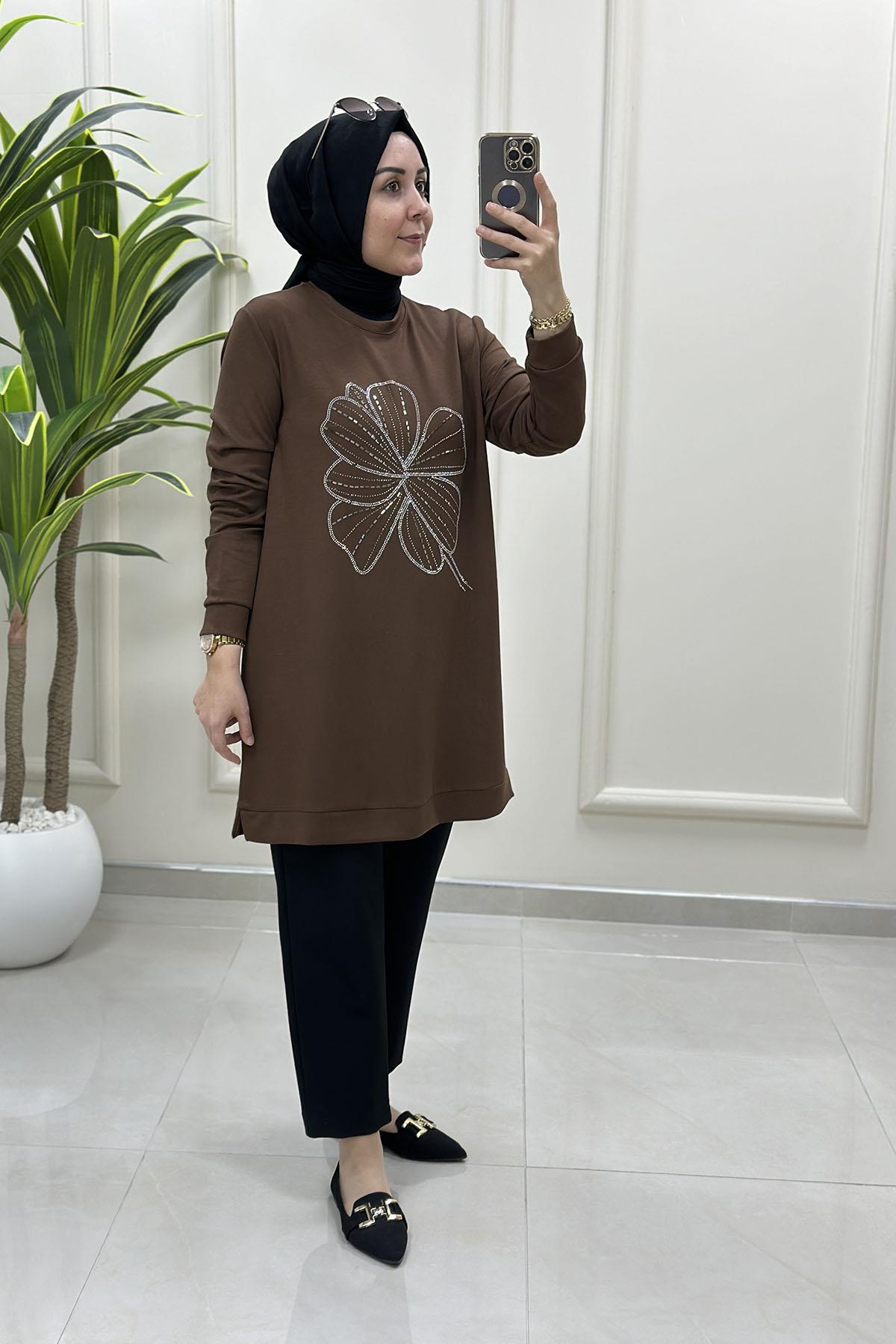 Tesettür Tunik ModelleriOysho Önü Taş Baskı Detaylı Kadın Tunik Kahverengi KADO 257444