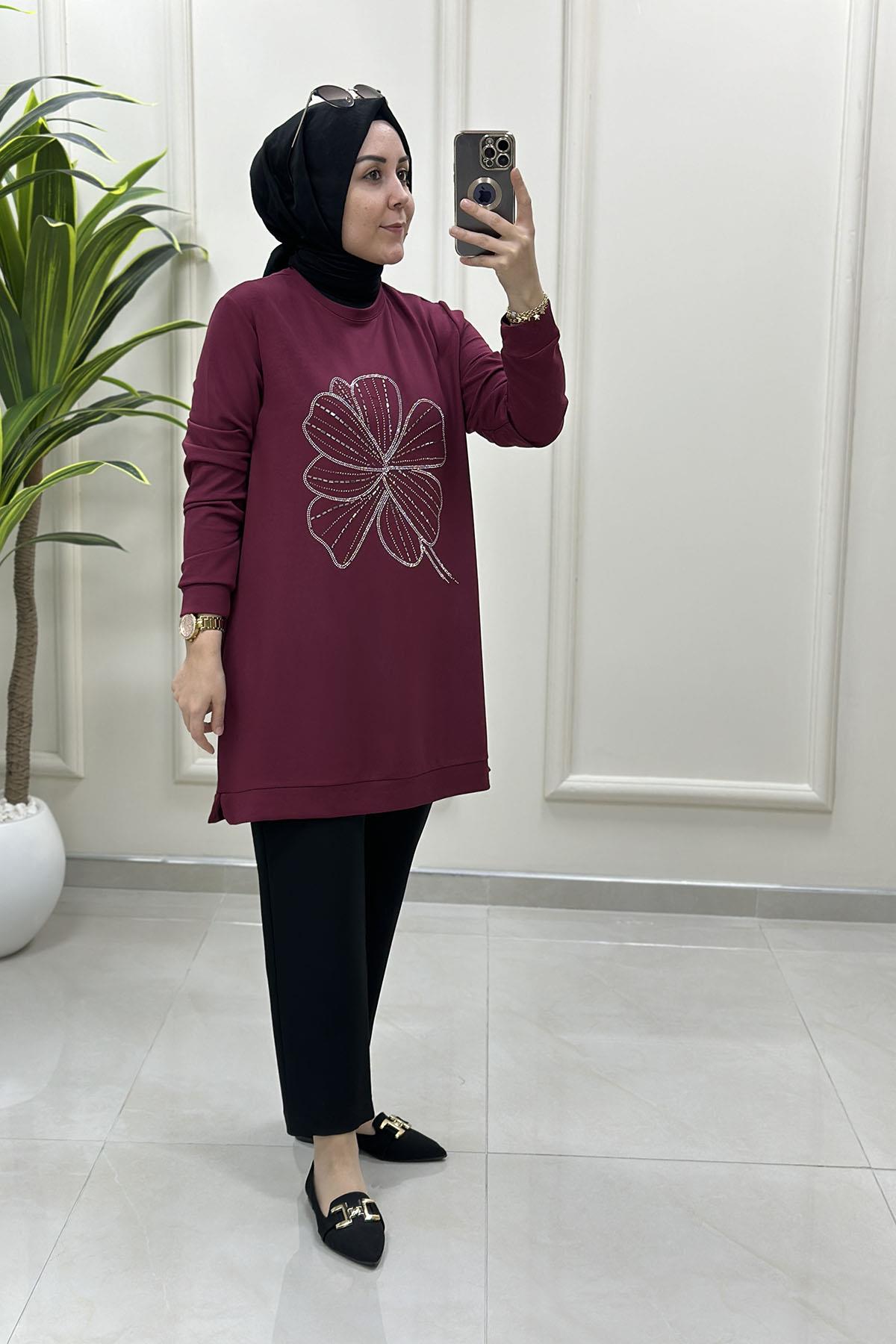 Tesettür Tunik ModelleriOysho Önü Taş Baskı Detaylı Kadın Tunik Bordo KADO 257444