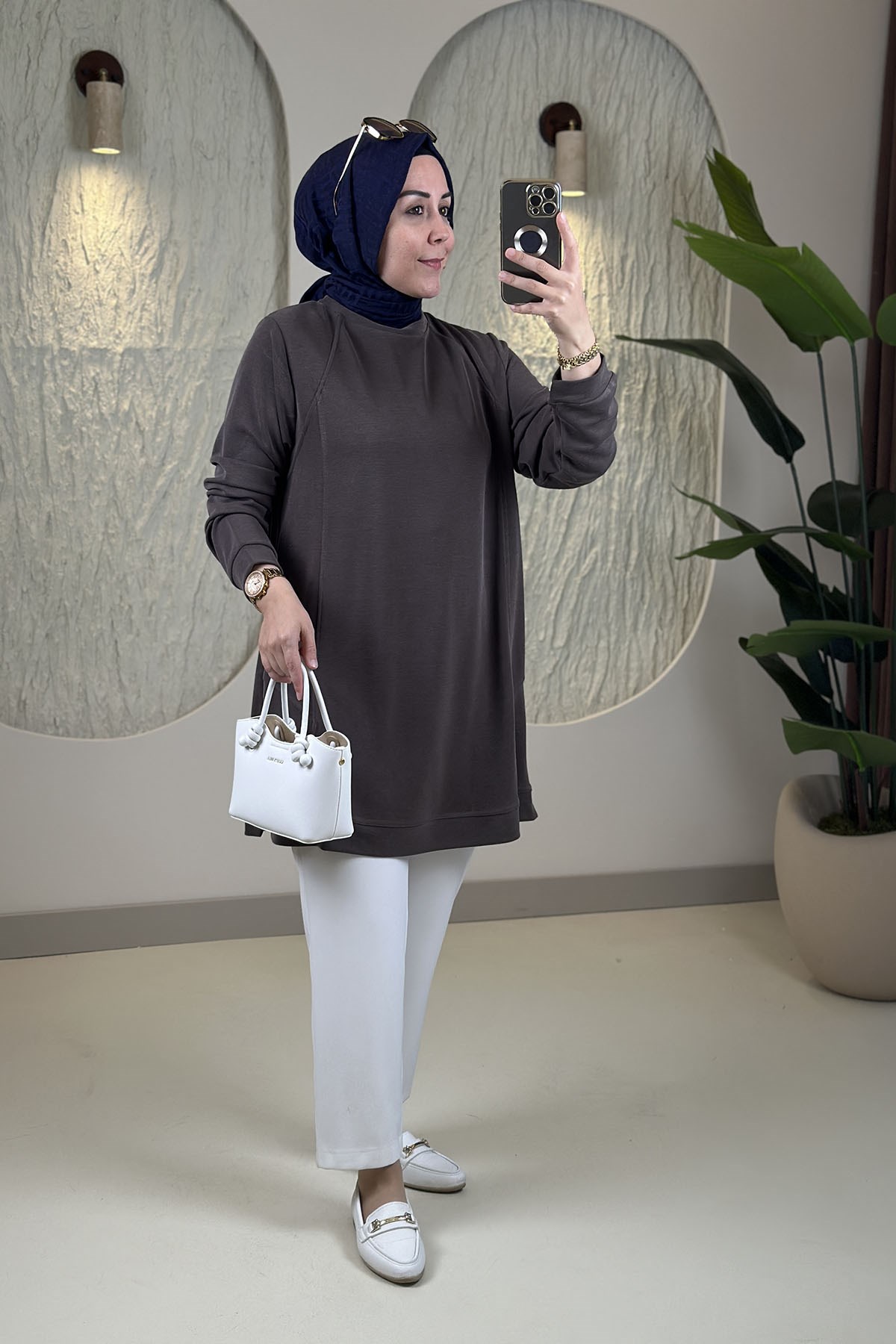 Tesettür Tunik ModelleriPike Kumaş Biye Detaylı Basic Kadın Tunik Kahverengi KADO 268528