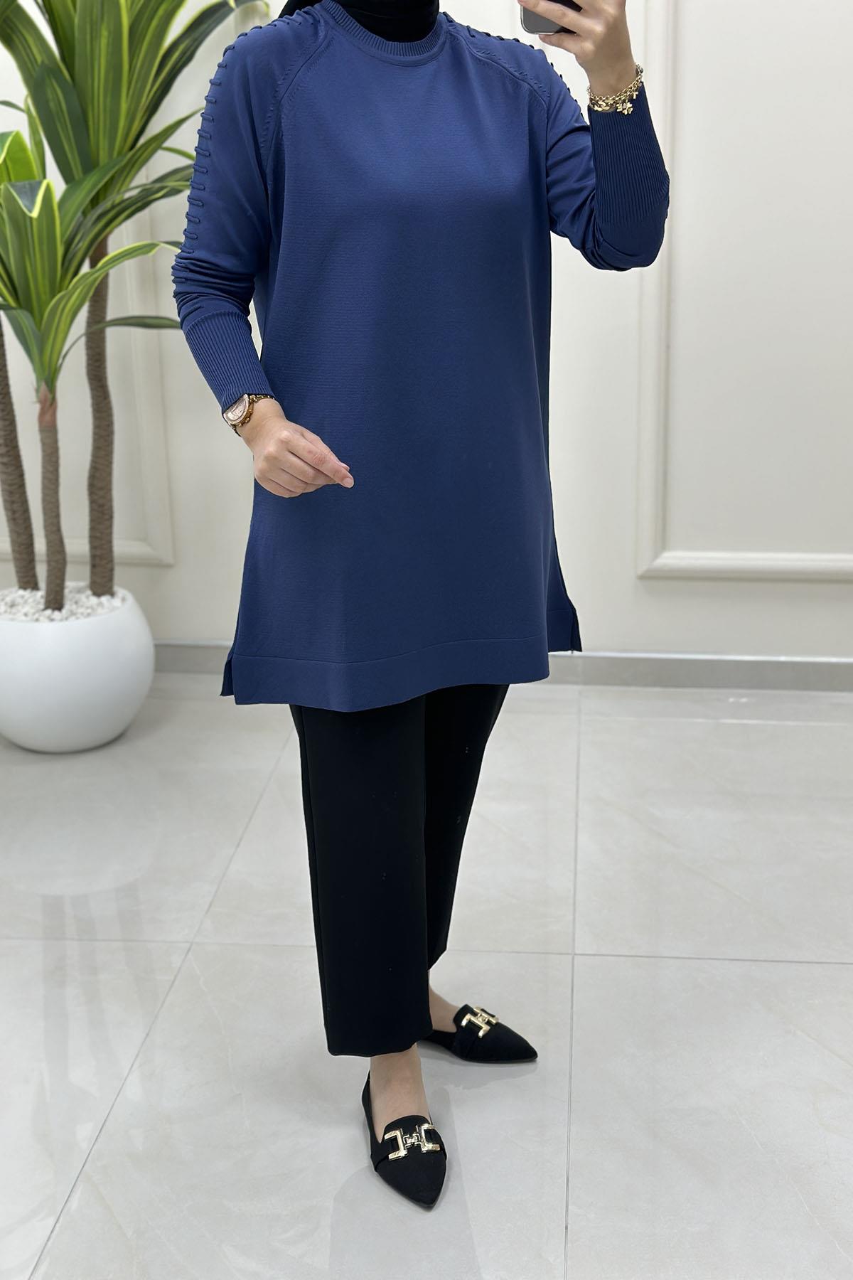 Tesettür Tunik ModelleriReglan Kol Gofralı Kadın Merserize Triko Tunik İndigo MLH 5035